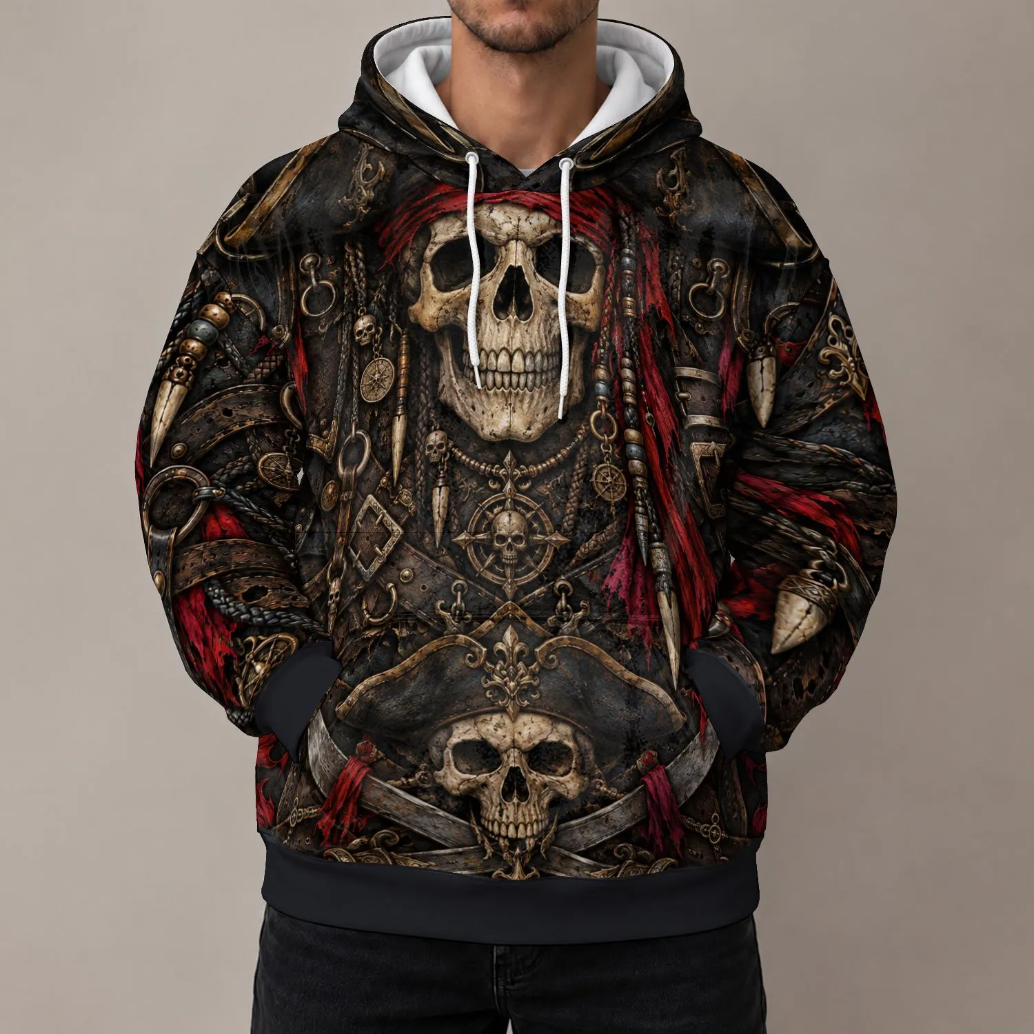 Pirate Skull And Crimson Bandanna For Bold Cosplay And Fantasy Fans All-over Print Hoodie (Lightweight) - 1