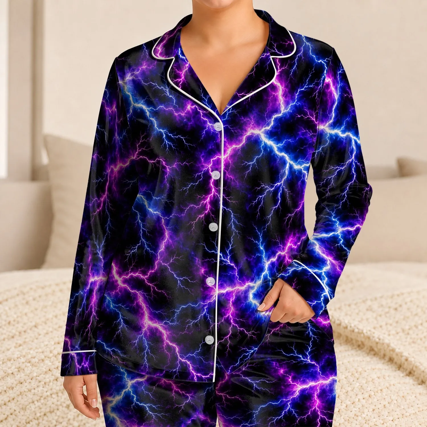 Electric Violet Lightning for Cozy Autumn Nights and Bold Lounge Style for Men Satin Pajamas Set - 1