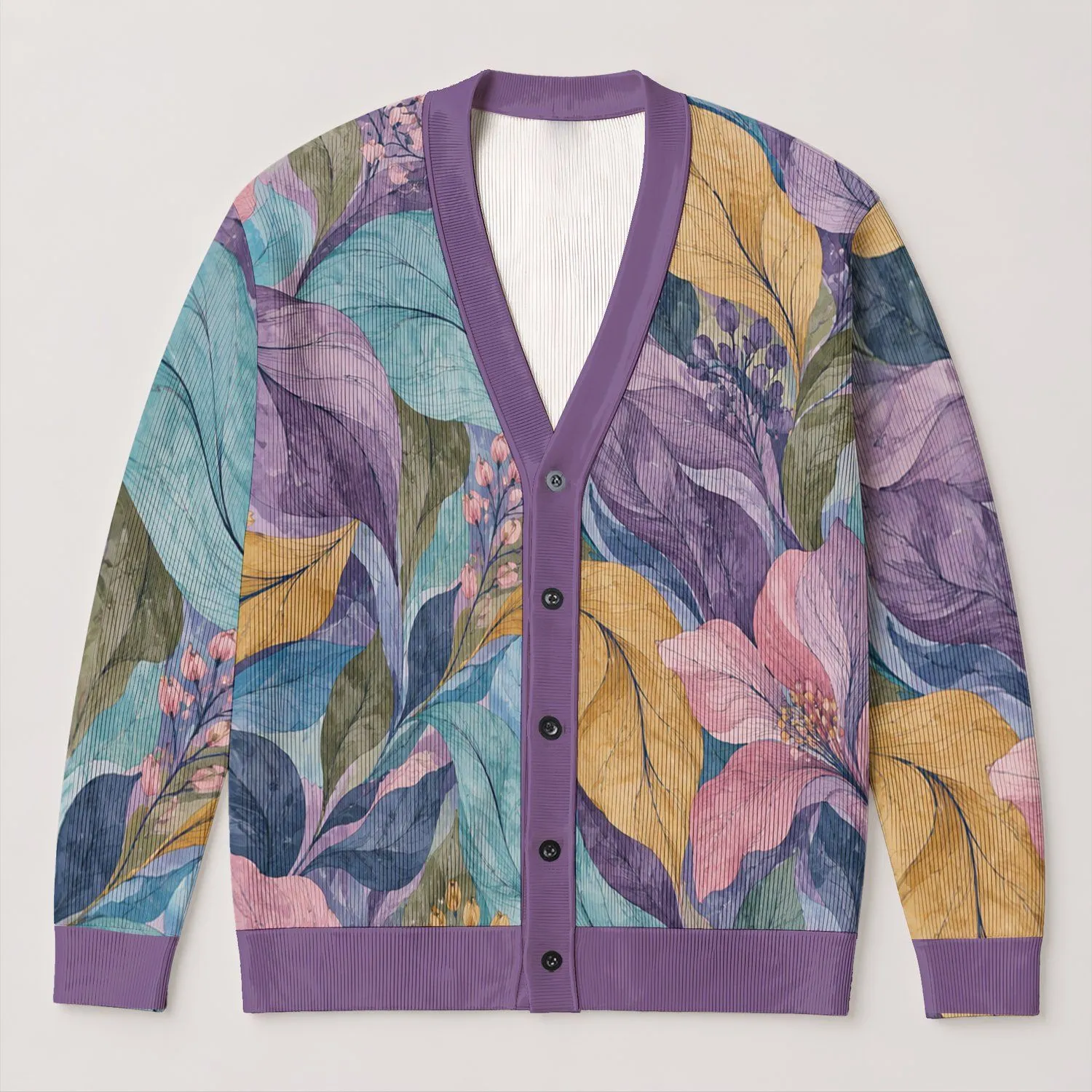 Watercolor Botanical Leaves for Cozy Autumn Layering and Everyday Nature Lovers Style All-over Print Knitted Cardigan - 1