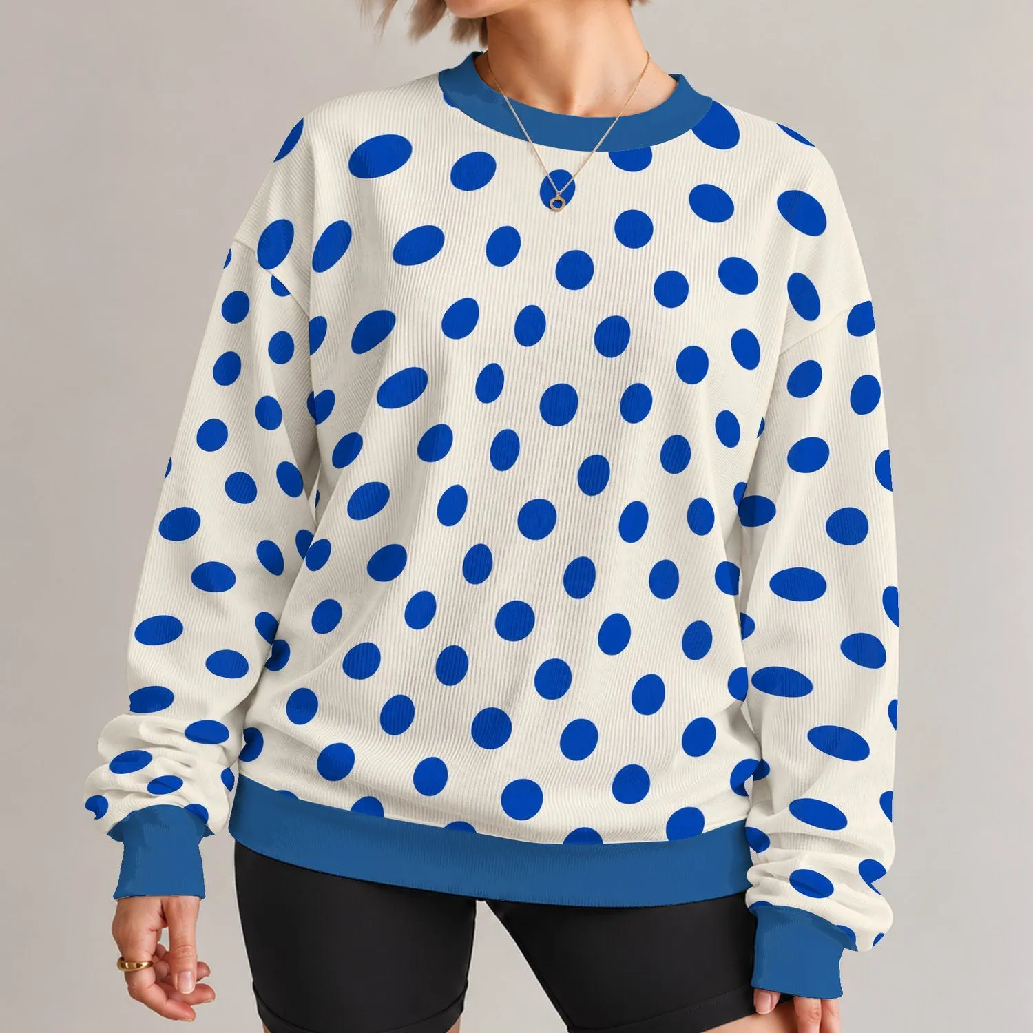 Ivory And Cobalt Blue Polka Dots For French Retro Casual Spring Summer Style All-over Print Knitted Sweater - 1