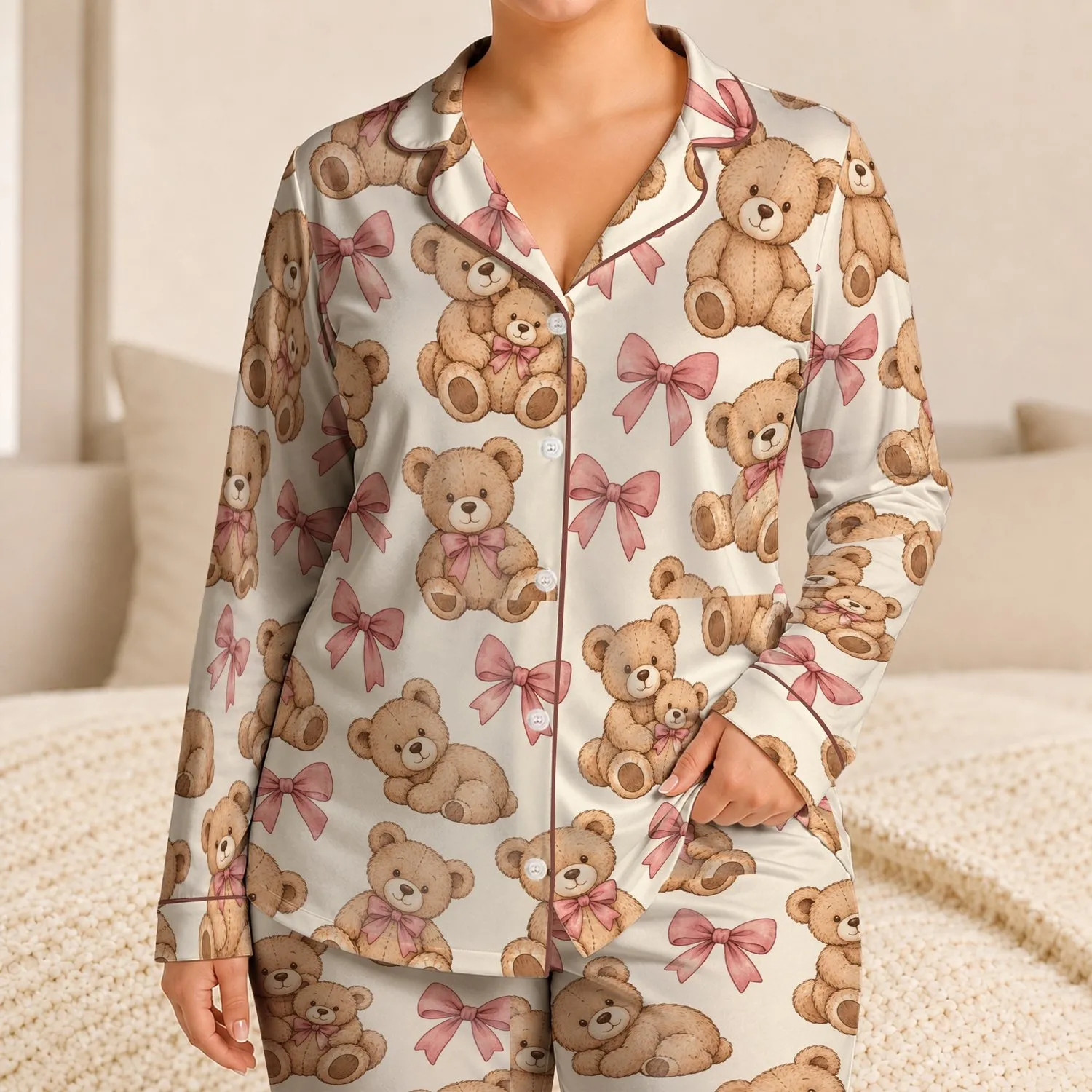 Teddy Bear And Pink Bow Motif For Cozy Spring And Autumn Lounging Satin Pajamas Set - 1