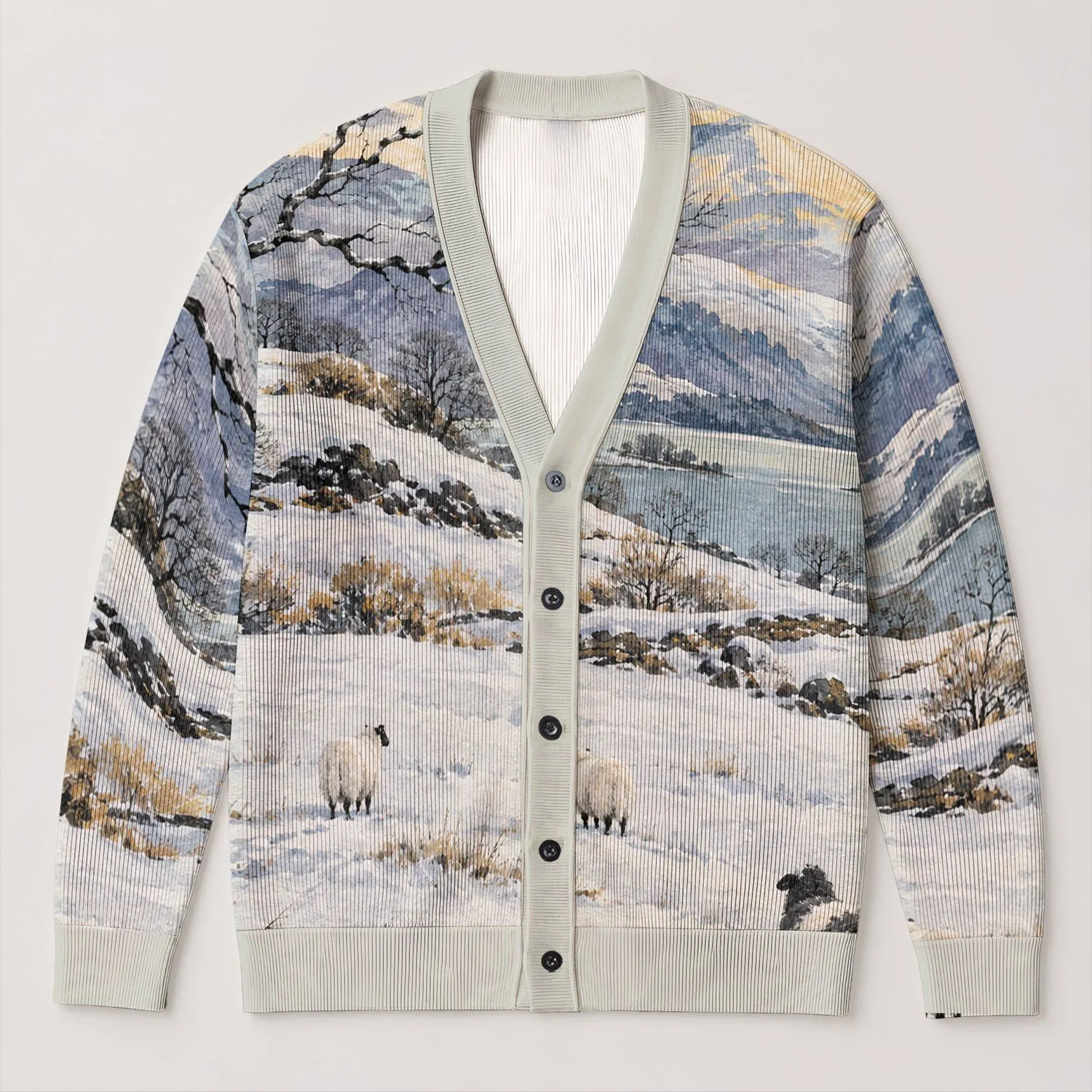 Black Sheep Winter Landscape for Cozy Everyday Layering and Nature Lovers All-over Print Knitted Cardigan - 1