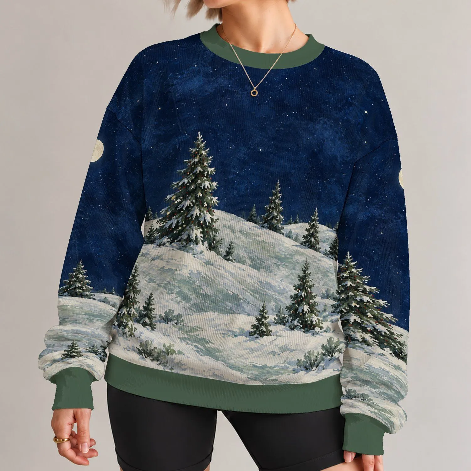 Moonlit Evergreen Forest for Cozy Holiday Evenings and Winter Cabin Getaways All-over Print Knitted Sweater - 1