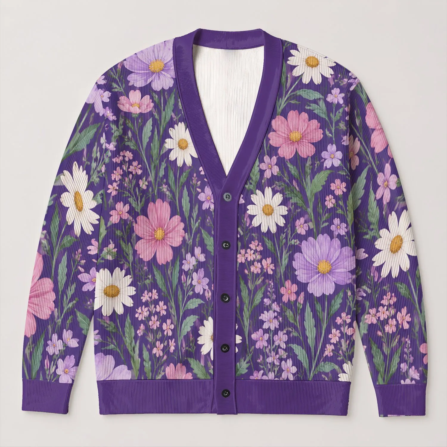 Purple Wildflower Meadow Blooms for Relaxed Spring Layering and Everyday Wear Style All-over Print Knitted Cardigan - 1