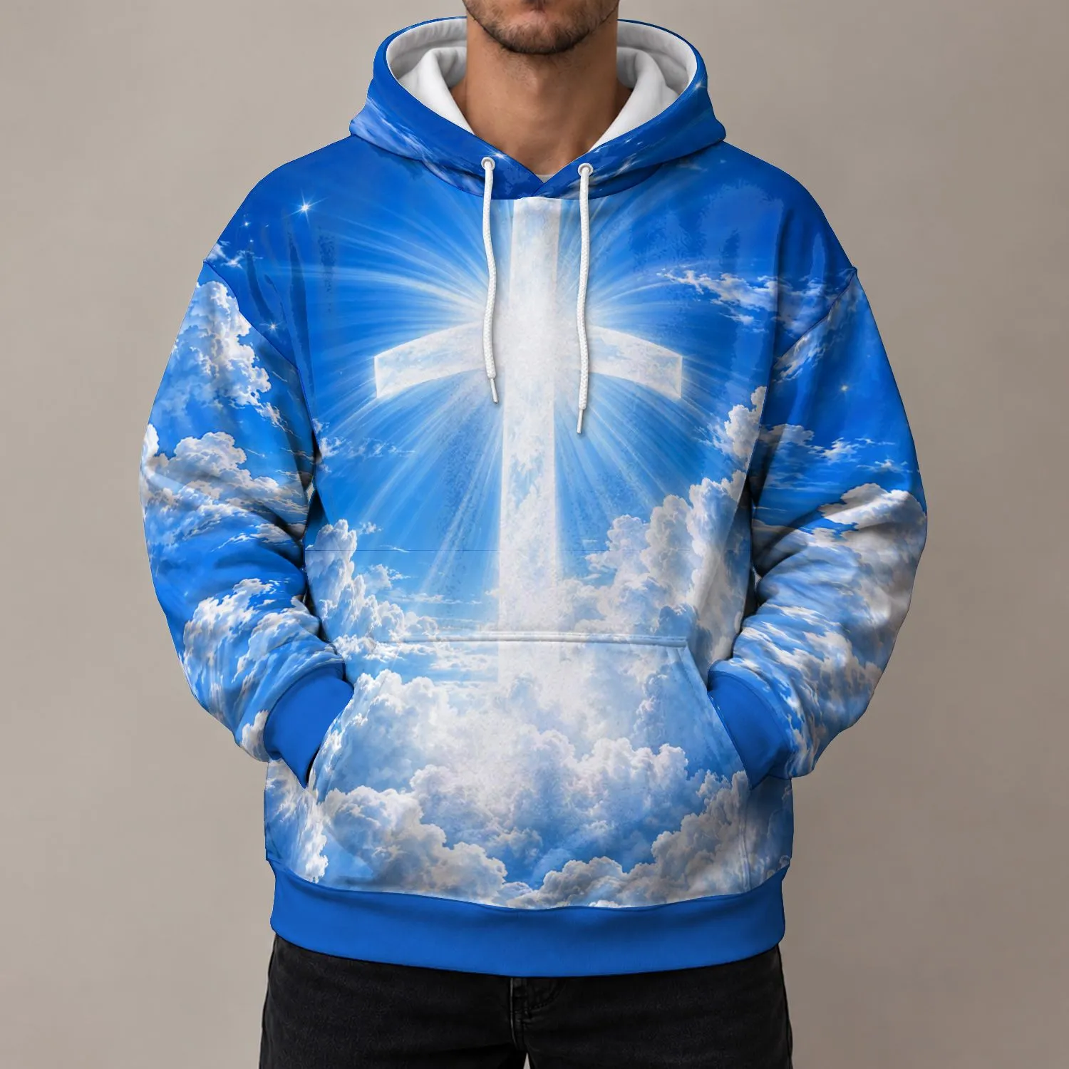 Radiant White Cross Above Heavenly Clouds for Faith and Worship Everyday Wear All-over Print Hoodie (Lightweight) - 1