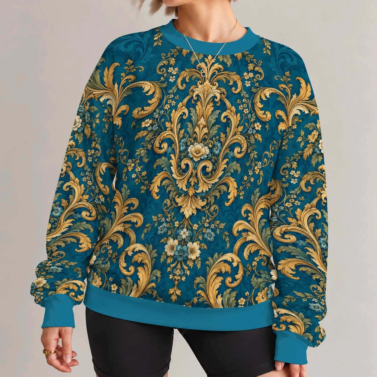 Teal Blue And Gilded Baroque Florals For Autumn Evenings And Elegant Seasonal Outings All-over Print Knitted Sweater - 1