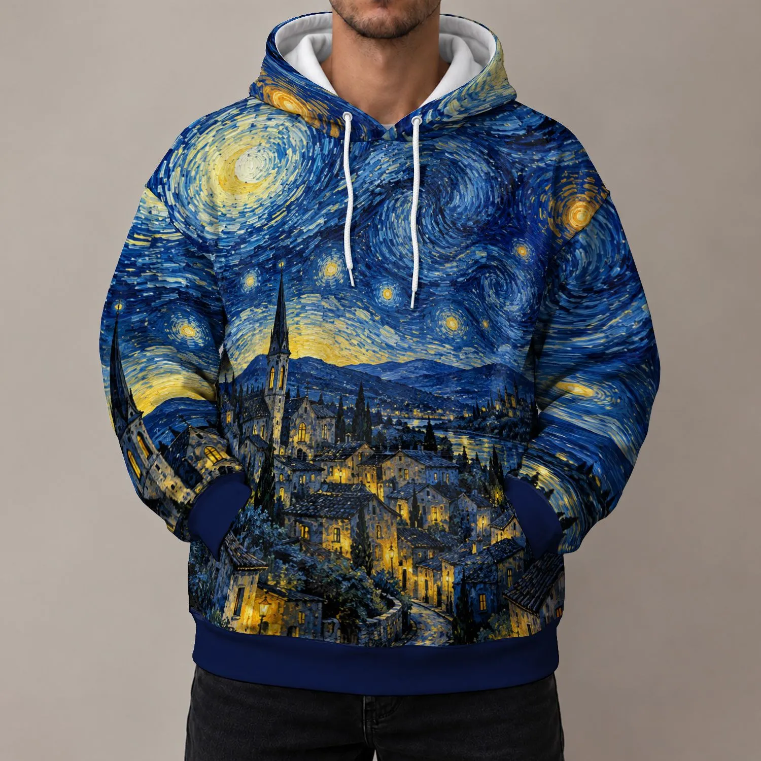 Swirling Midnight Sky and Lantern-Lit Village for Evening Strolls and Art Lovers All-over Print Hoodie (Lightweight) - 1