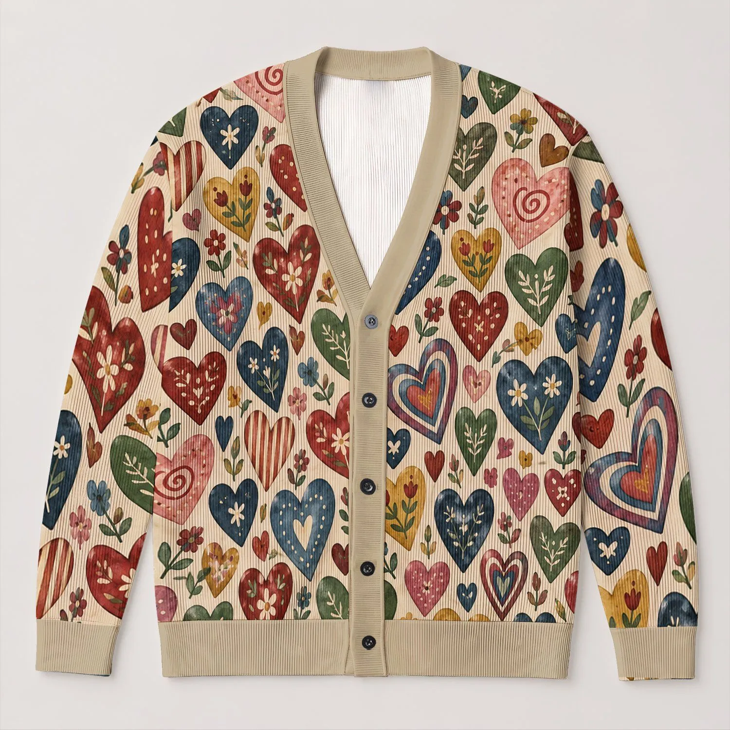 Colorful Folk Heart Motifs for Cozy Everyday Layering and Casual Outings for Women All-over Print Knitted Cardigan - 1