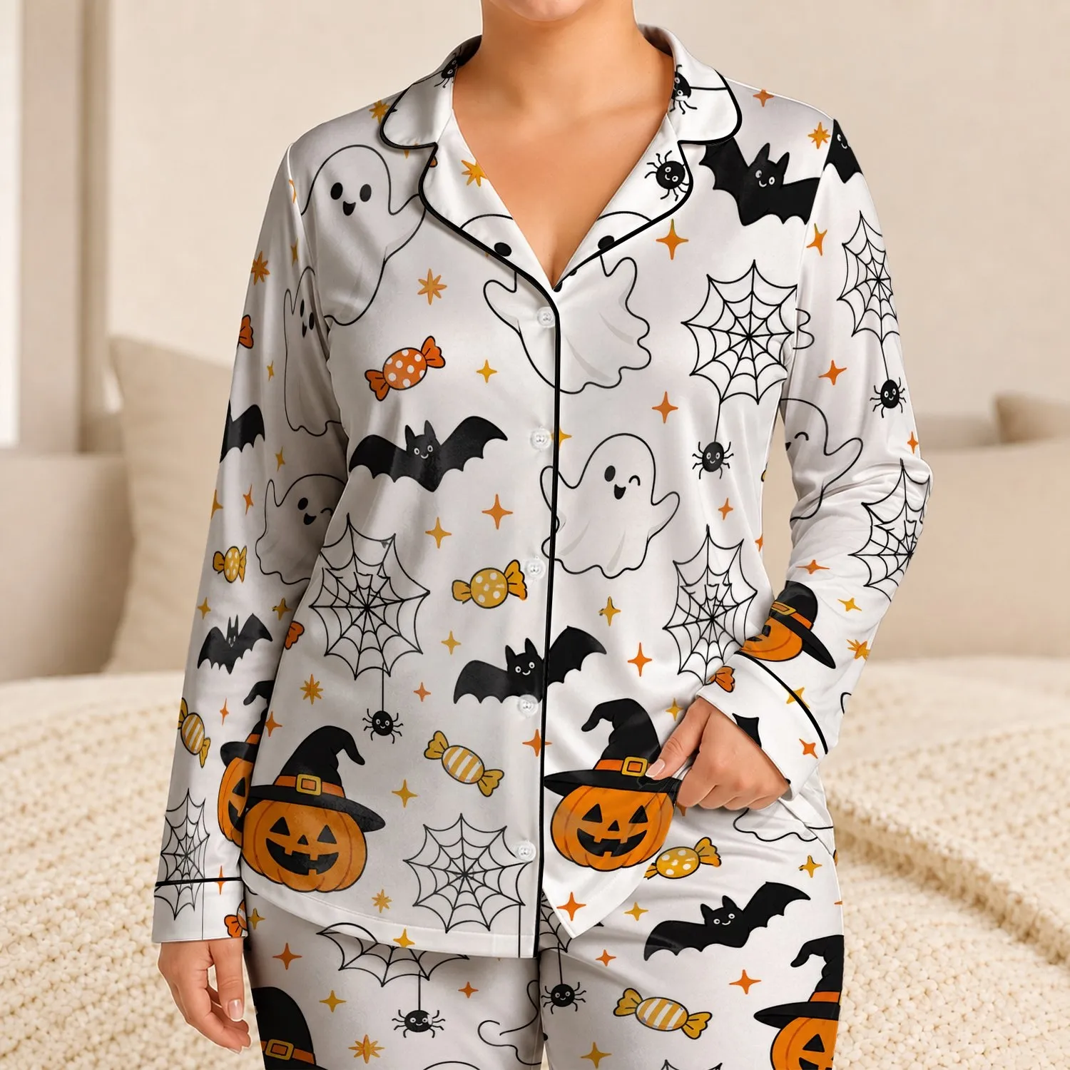 Halloween Ghost and Pumpkin Cozy Sleepwear Set with Witch Hats for Women and Teens Satin Pajamas Set - 1