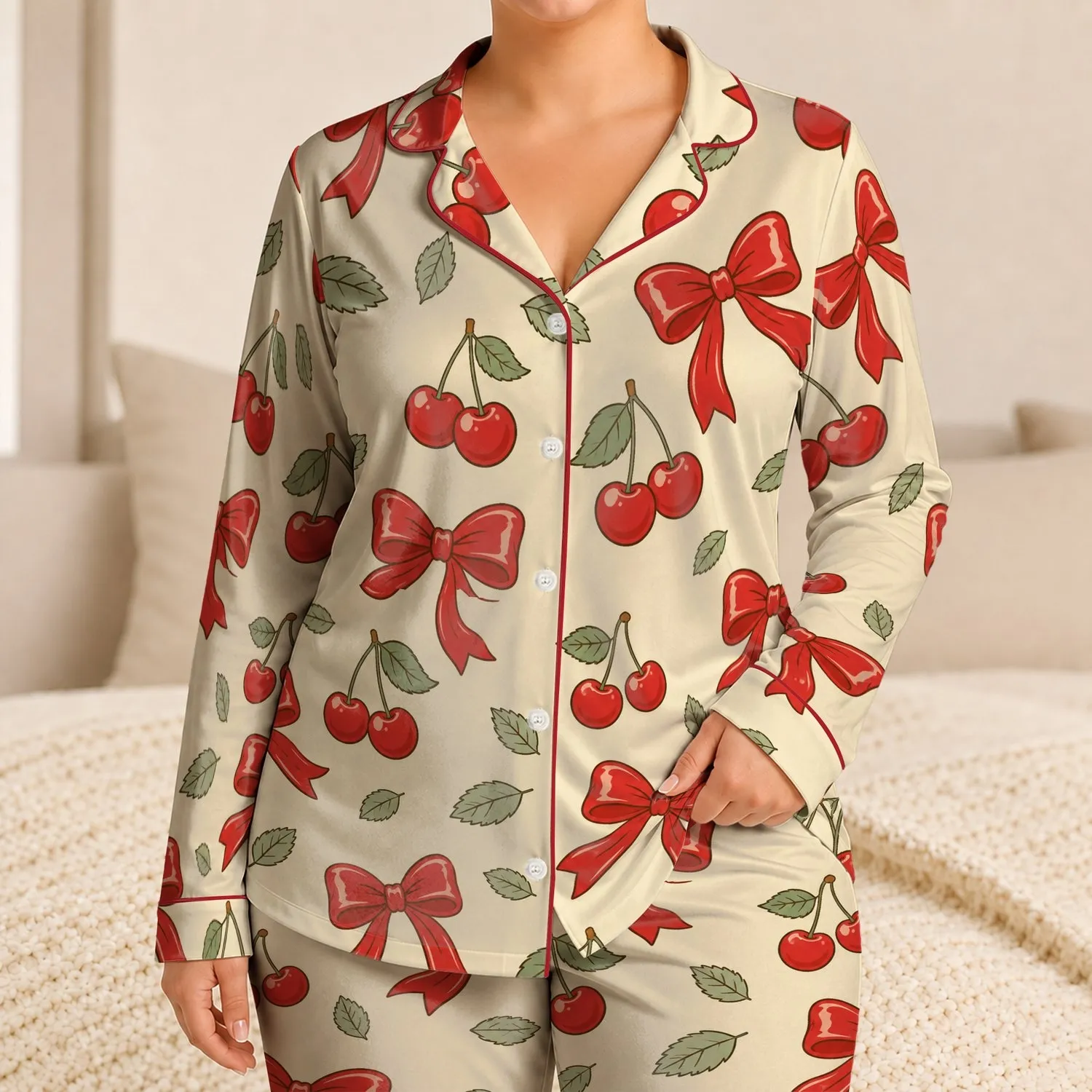 Cherry Bow And Cherry Motif Summer Lounge Look For Sweet Gift Giving And Cozy Nights Satin Pajamas Set - 1