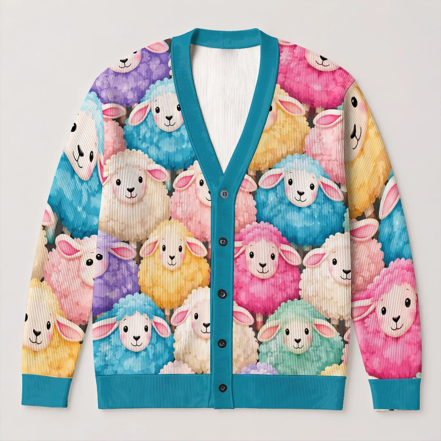 Colorful Sheep and Pastel Lambs for Cozy Farmhouse Days and Cheerful Everyday Layering All-over Print Knitted Cardigan - 1