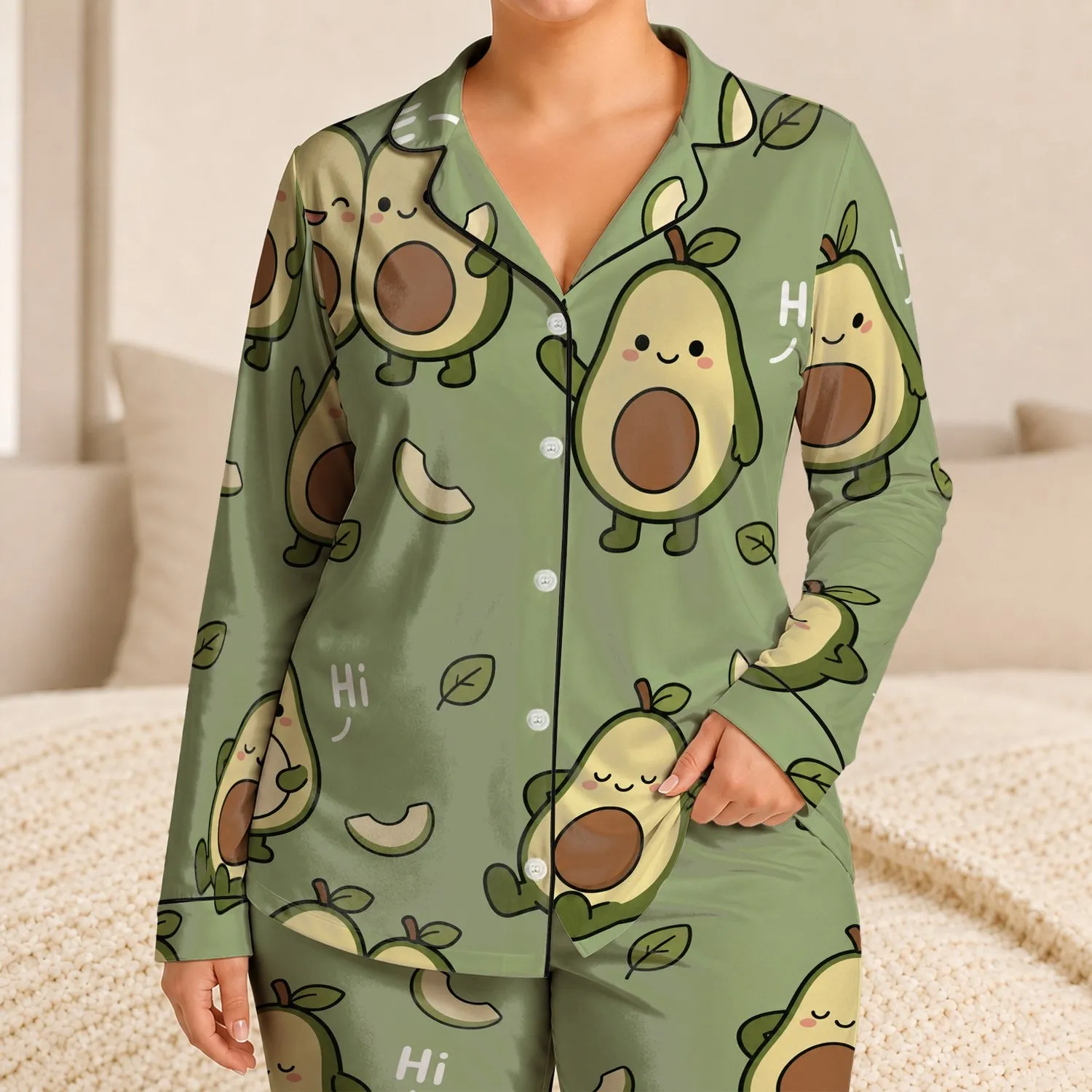 Cute Avocado Characters In Soft Sage Green For Cozy Lounging And Sleepy Nights Women Satin Pajamas Set - 1