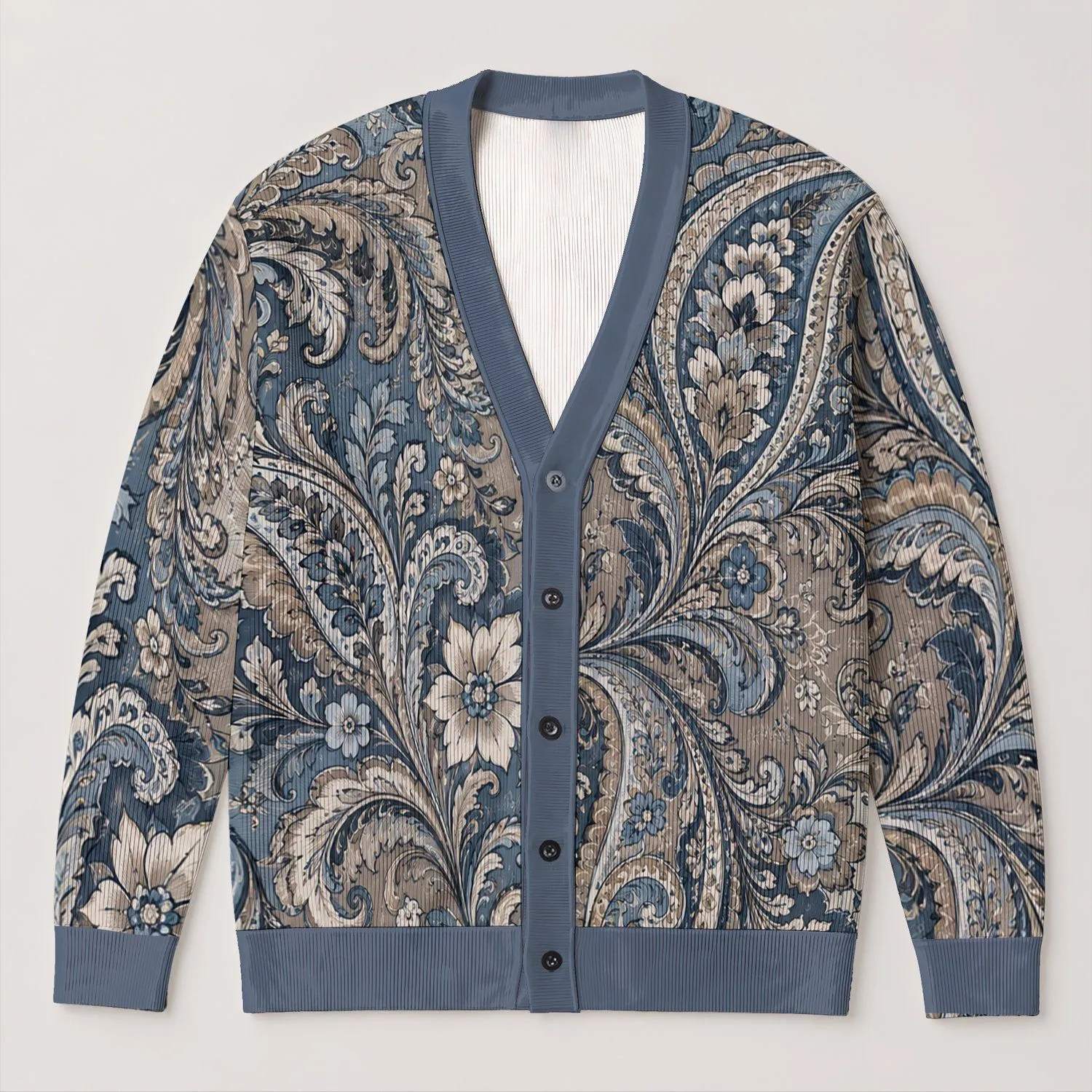 Blue Gray Paisley Florals for Everyday Layering and Creative Casual Style All-over Print Knitted Cardigan - 1