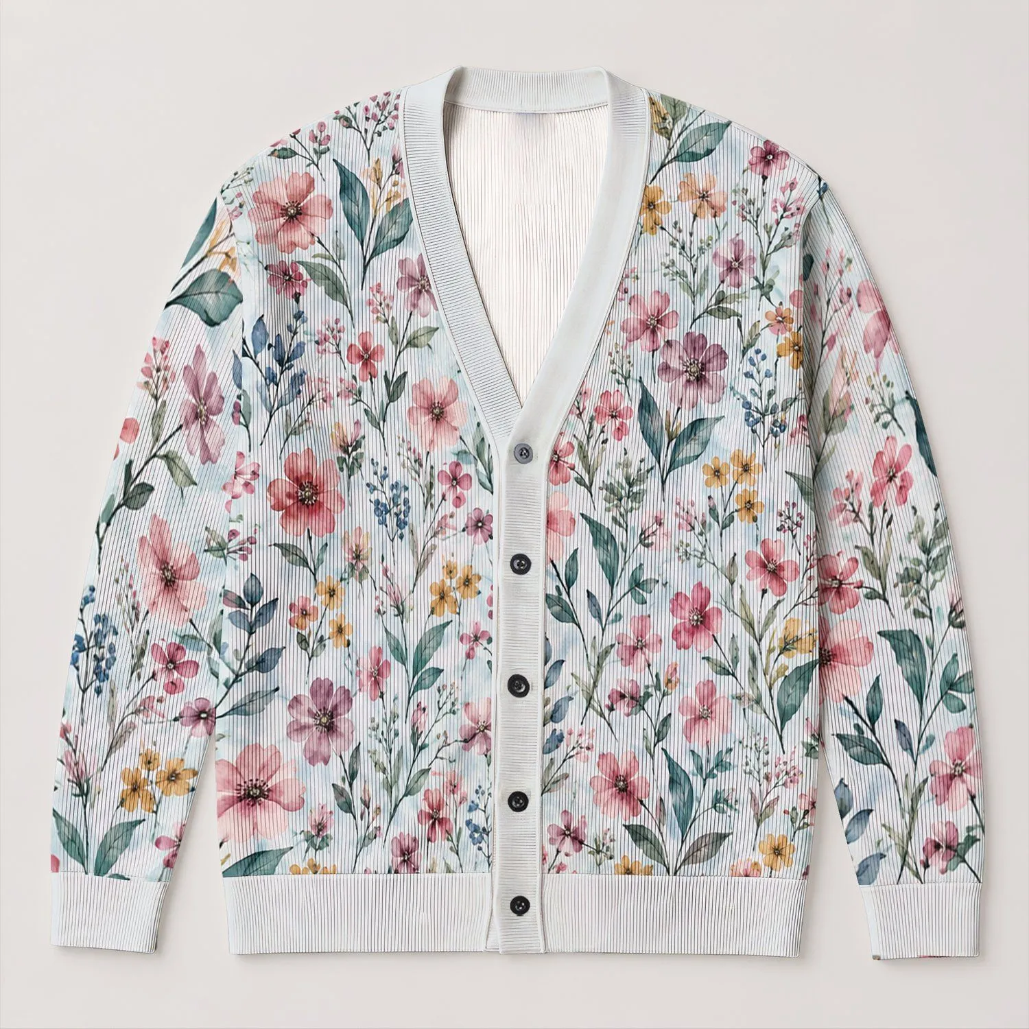 Watercolor Meadow Flowers for Garden Strolls and Everyday Layering All-over Print Knitted Cardigan - 1