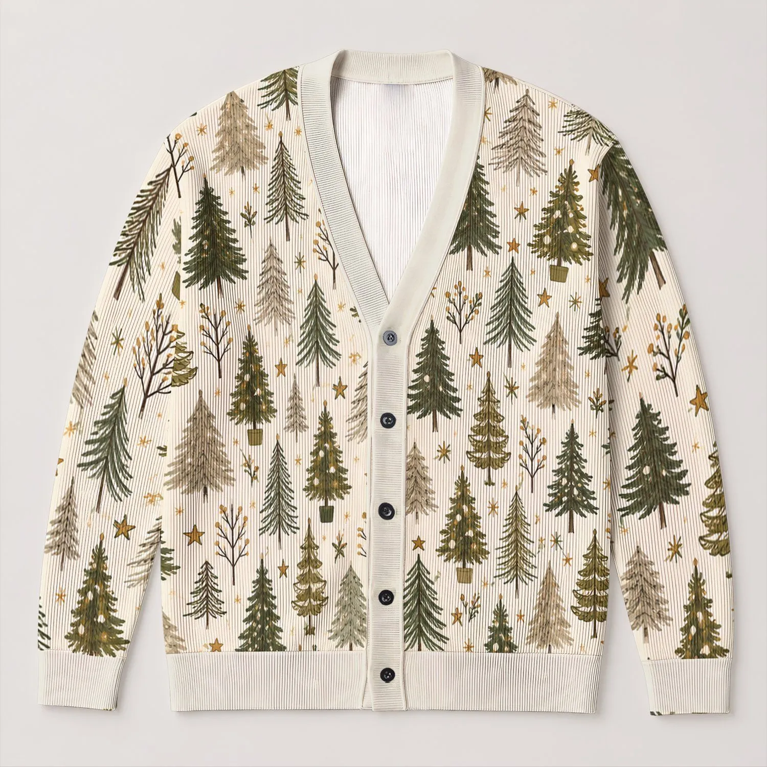 Evergreen Tree Motifs for Cozy Woodland Walks and Relaxed Everyday Layering All-over Print Knitted Cardigan - 1