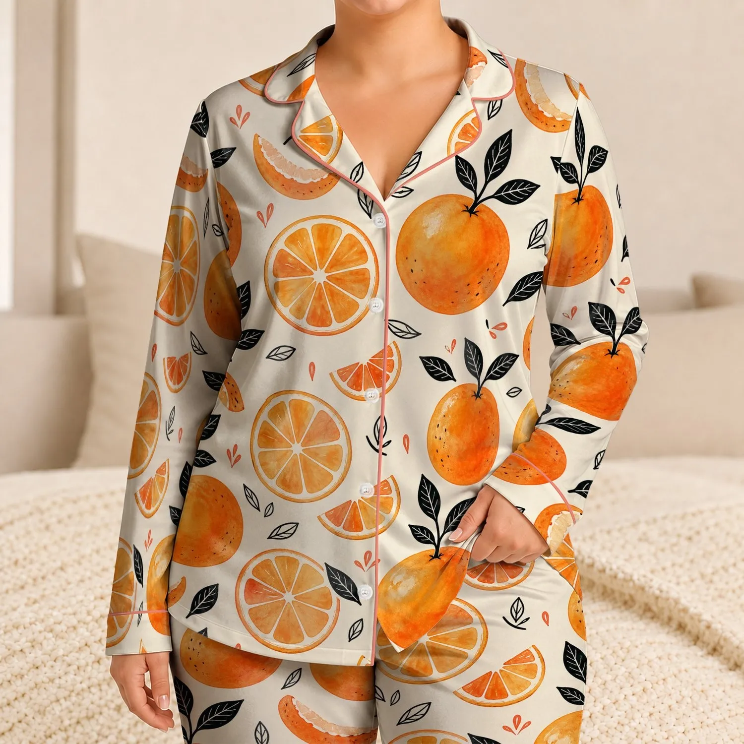 Orange Slice Citrus Lounge Set For Cozy Gift Giving, Relaxed Home Days For All Women Satin Pajamas Set - 1