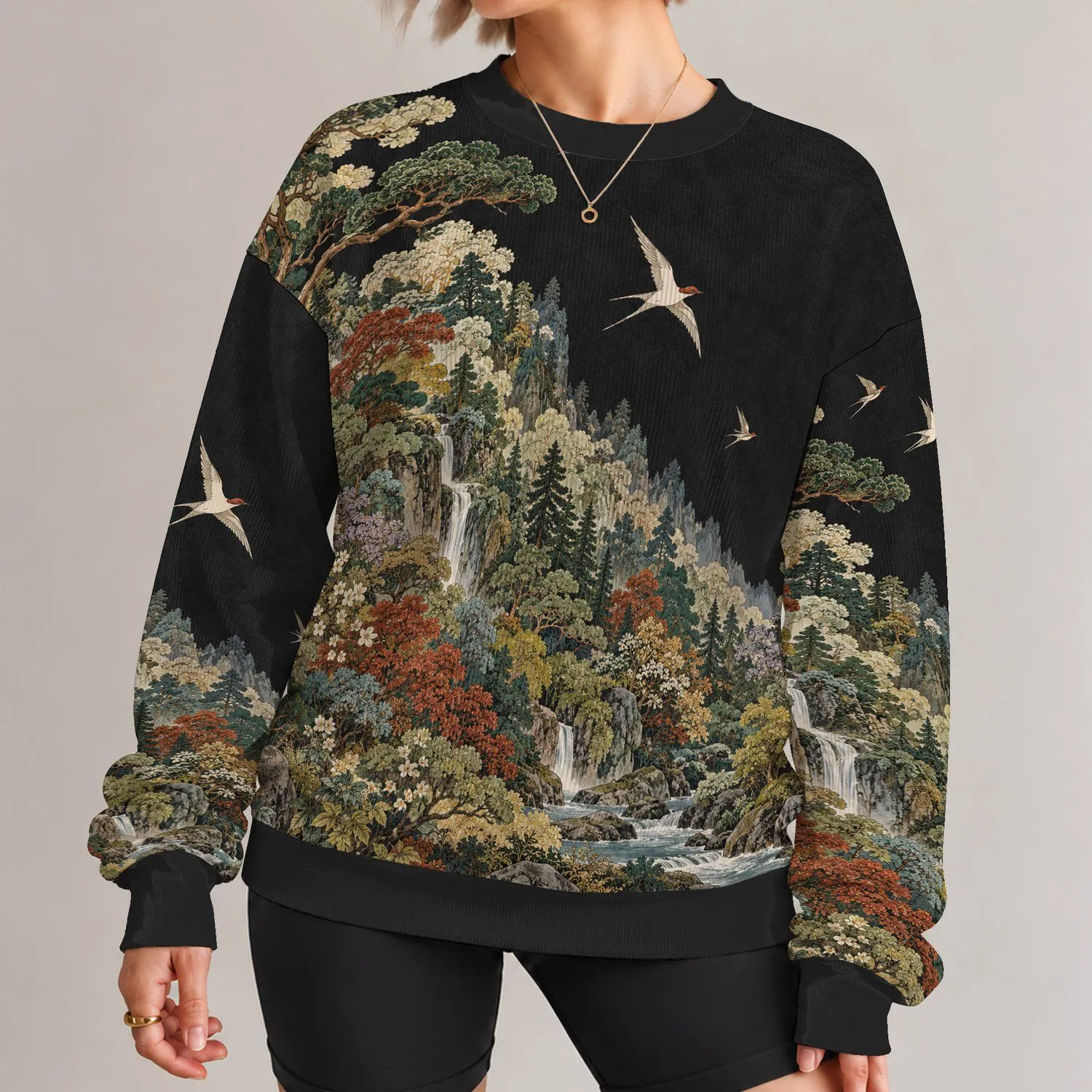 Mountain Forest Birds and Woodland Foliage for Nature-Loving Outdoor Days All-over Print Knitted Sweater - 1