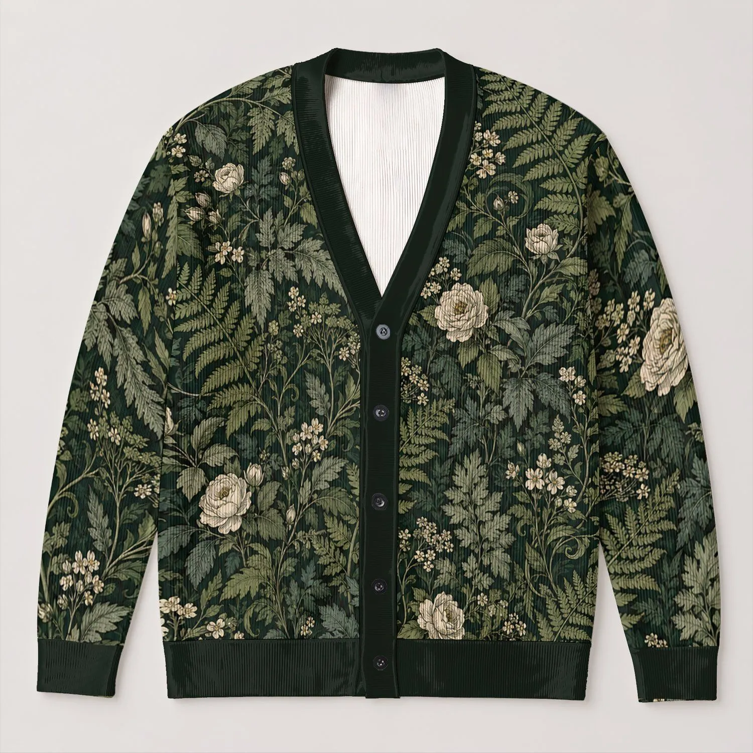 Dark Forest Ferns and Ivory Roses for Everyday Botanical Nature-Inspired Layering All-over Print Knitted Cardigan - 1