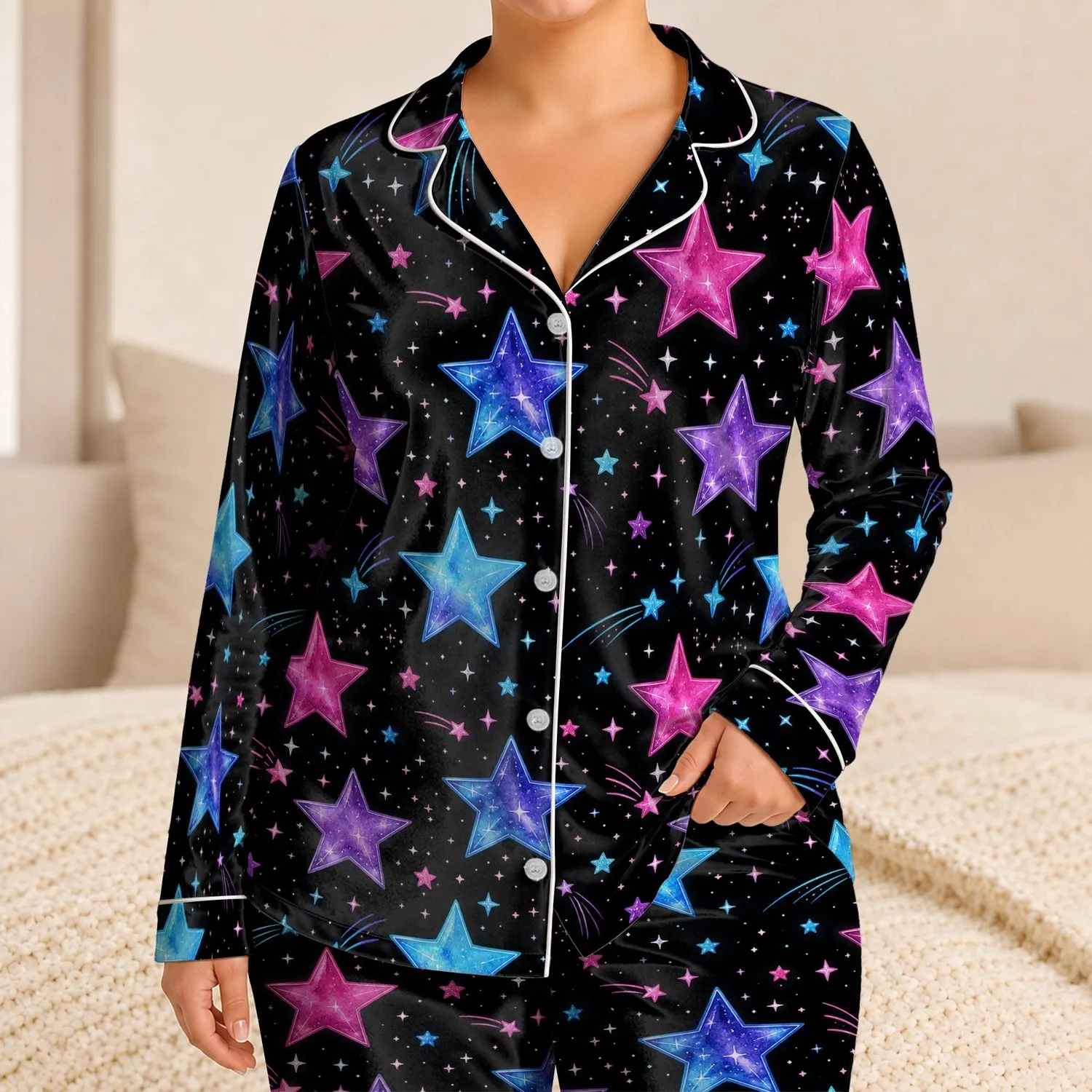 Glow-In-The-Dark Star Field For Cozy Bedtime, Sleepovers, And Gift Giving For Girls Satin Pajamas Set - 1