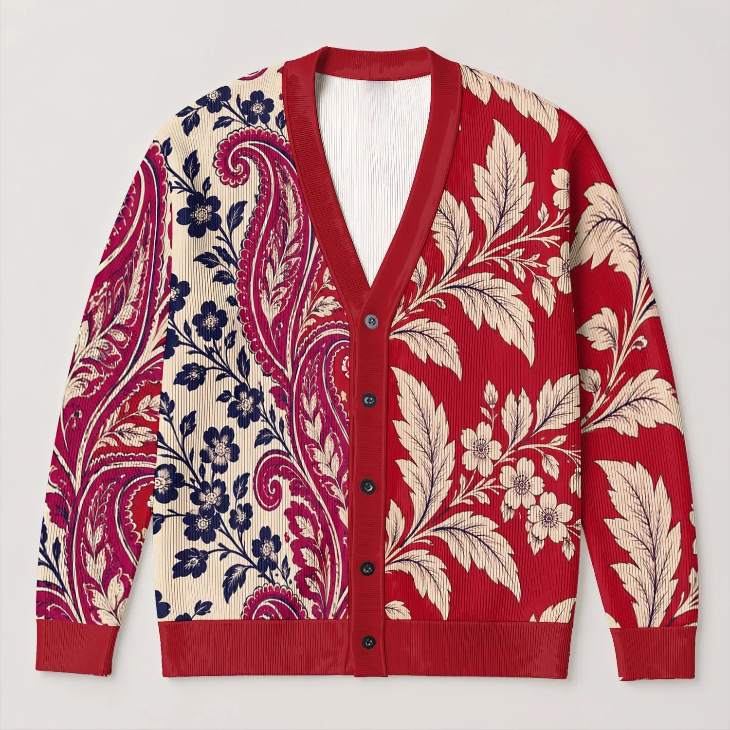Crimson Ivory Paisley Florals for Romantic Everyday Layering and Garden Gatherings All-over Print Knitted Cardigan - 1