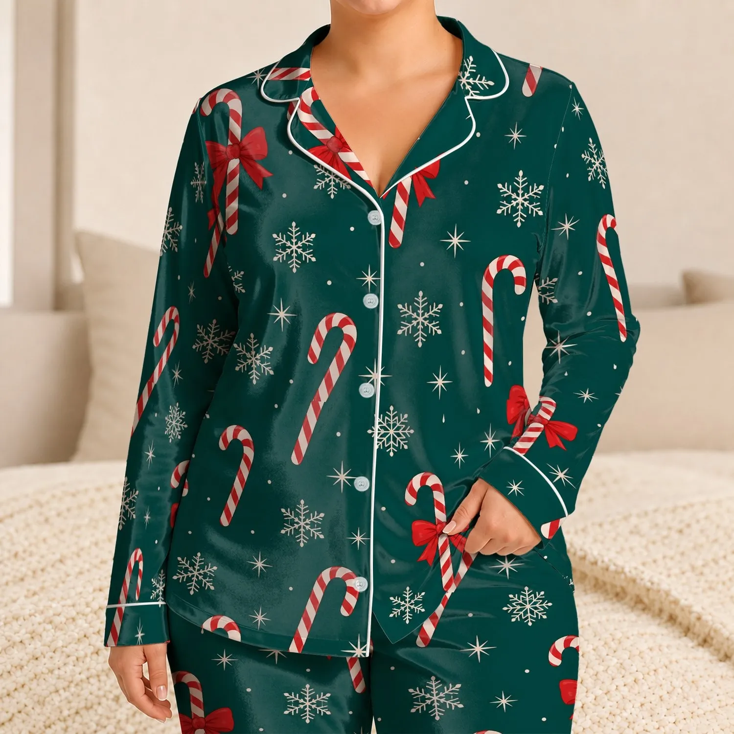 Deep Teal Christmas Candy Cane Sleepwear For Cozy Holiday Nights Plus Size Women Satin Pajamas Set - 1