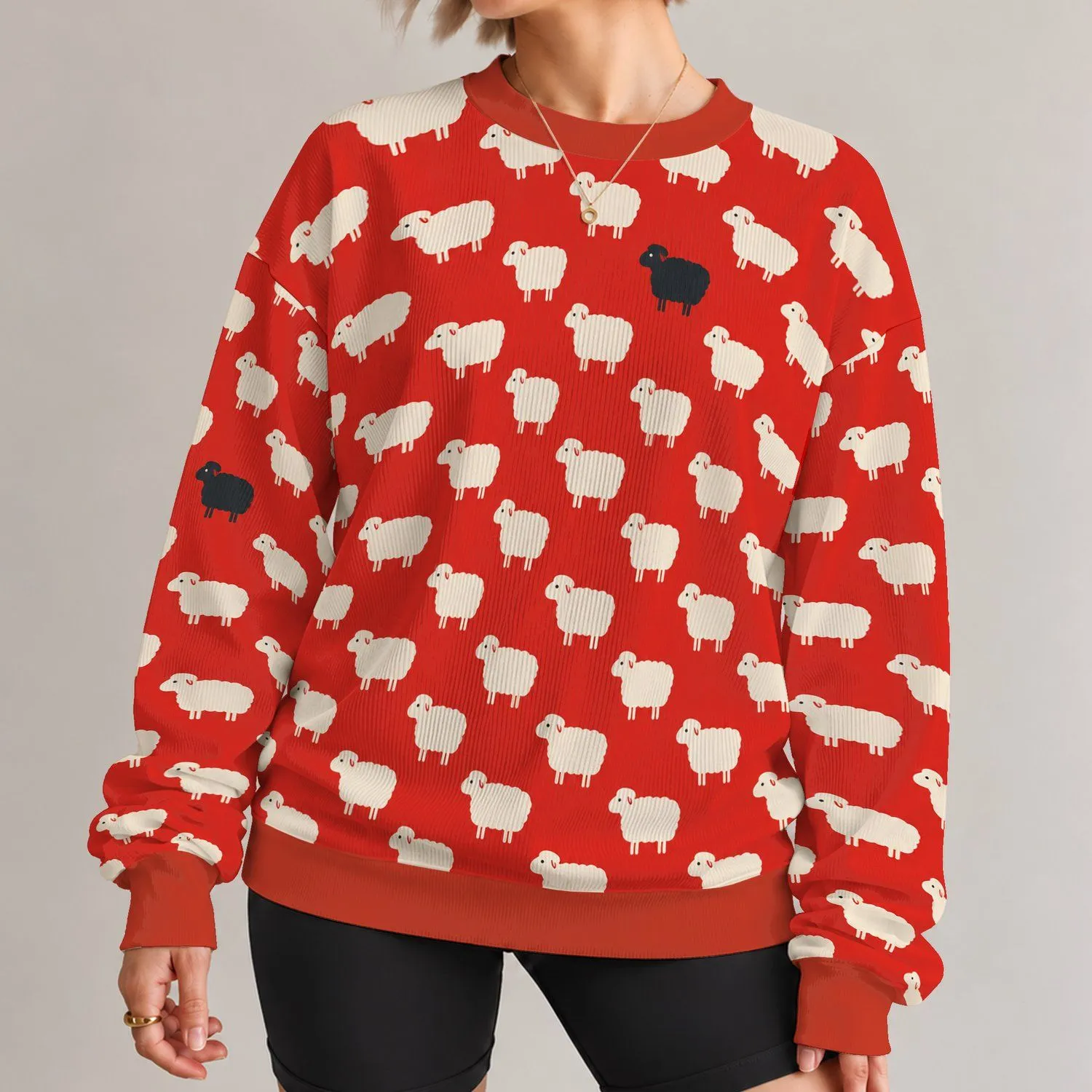 Cream Sheep and Lone Black Sheep Motif for Playful Farmhouse Everyday Style Women All-over Print Knitted Sweater - 1