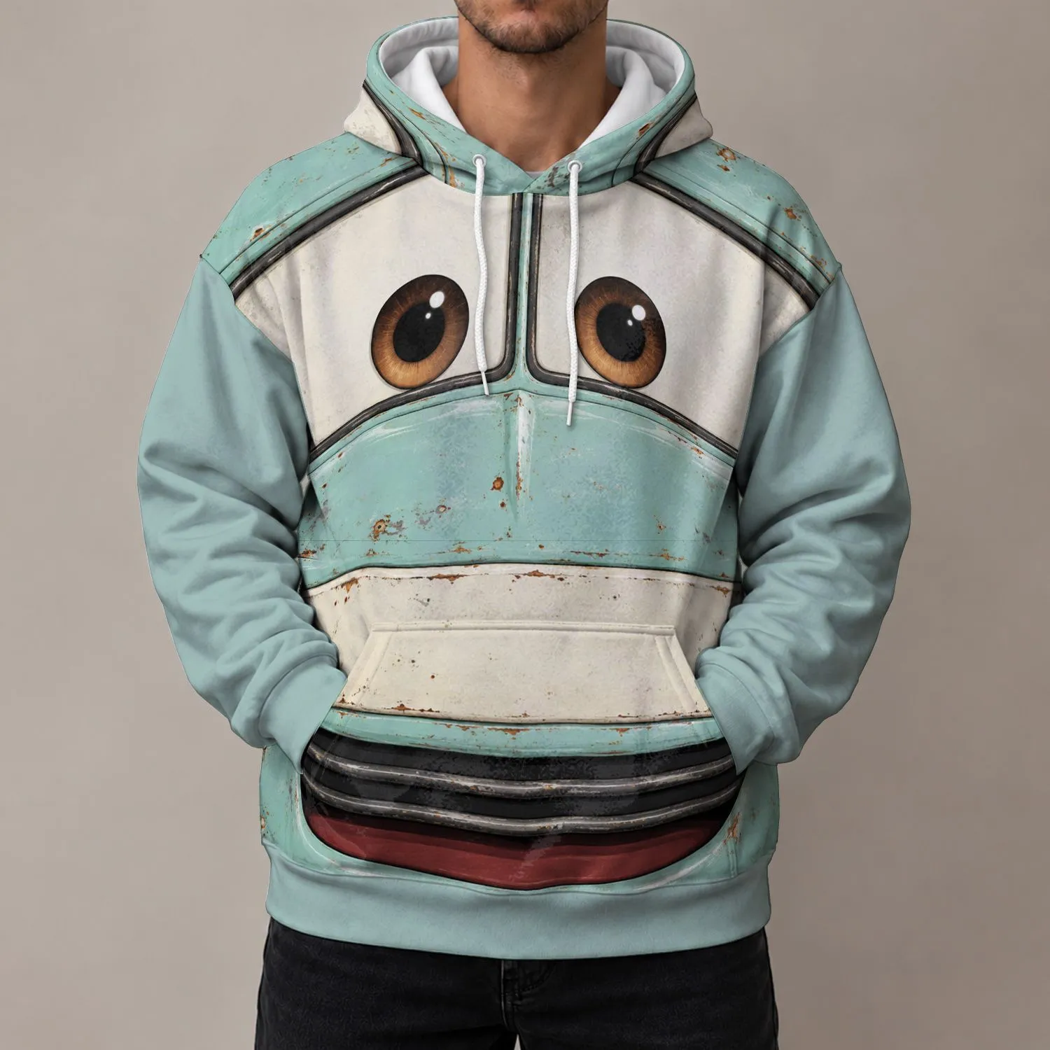 Vintage Teal Cartoon Car Face for Theme Park Trips and Family Road Adventures All-over Print Hoodie (Lightweight) - 1