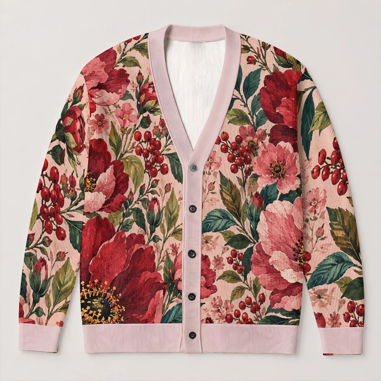 Bohemian Red And Rose Floral Collage For Relaxed Everyday Layering And Artful Style All-over Print Knitted Cardigan - 1