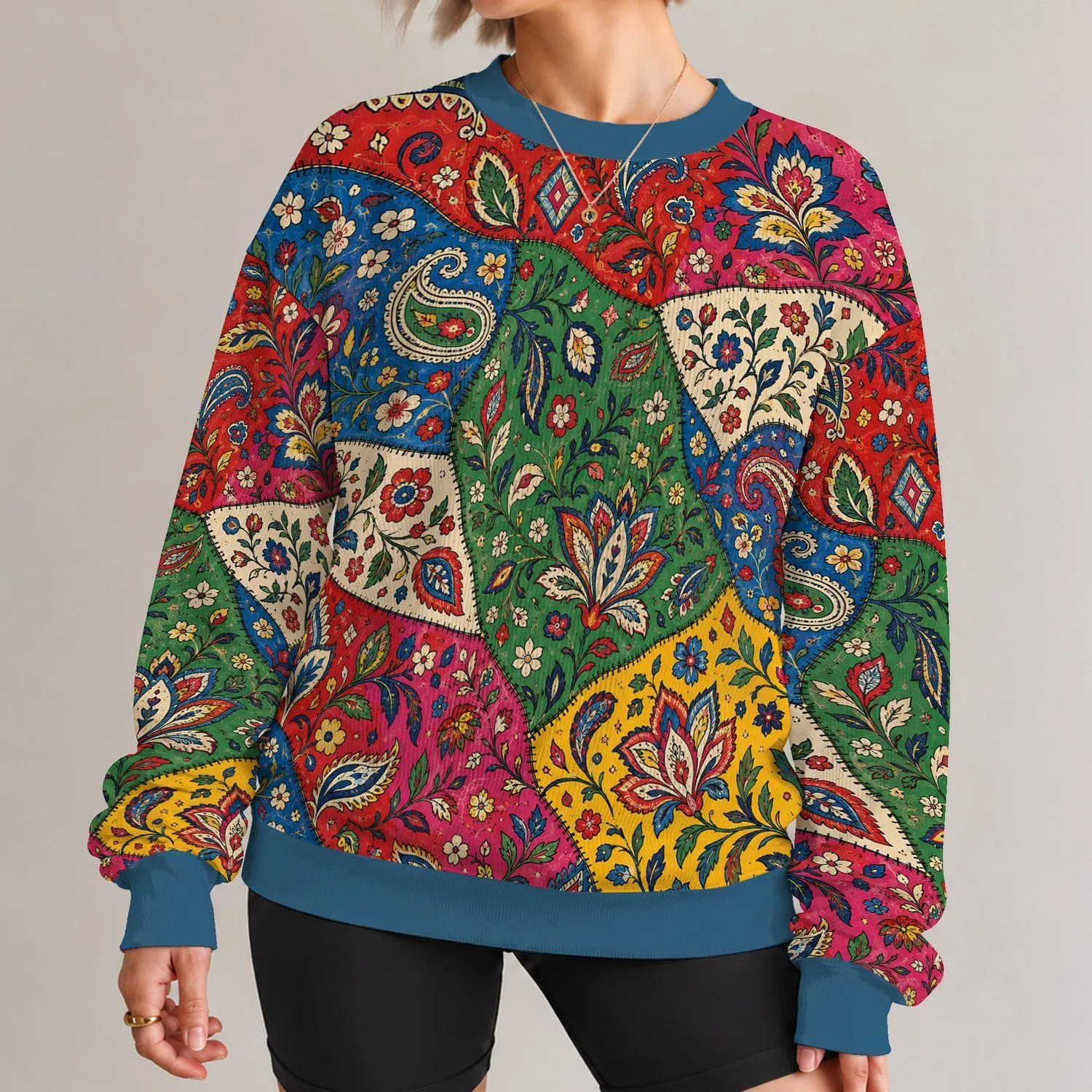 Bohemian Floral Patchwork Motifs For Creative Everyday Outfits And Relaxed Weekend Wear All-over Print Knitted Sweater - 1