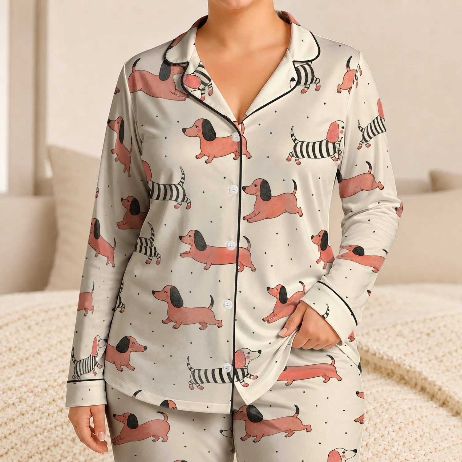 Cute Dachshund Motif For Cozy Lounge Nights, Gift For Teen Girls And Dog Lovers Alike Satin Pajamas Set - 1
