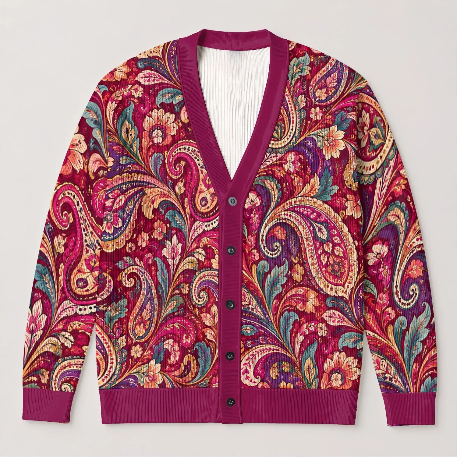 Jewel-Tone Paisley Florals for Colorful Everyday Layering and Expressive Bohemian Style All-over Print Knitted Cardigan - 1