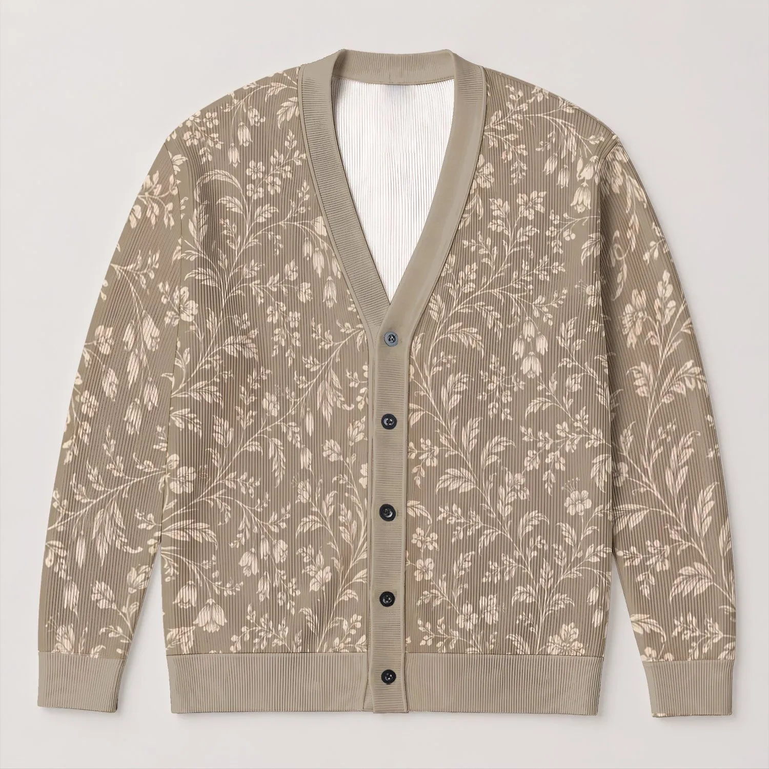 Ivory Botanical Linework on Taupe for Relaxed Everyday Layering and Casual Outings All-over Print Knitted Cardigan - 1