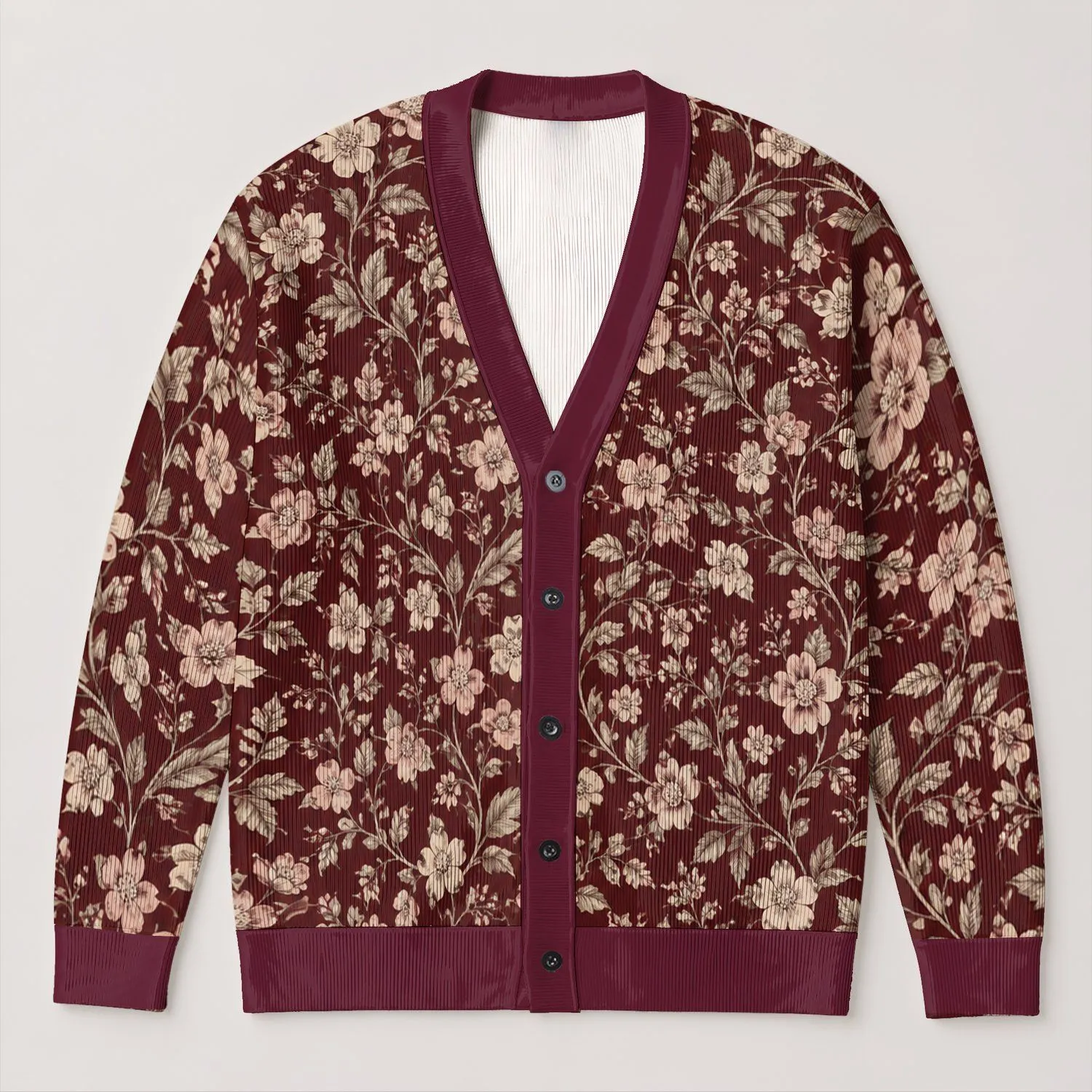 Burgundy Cream Wildflower Blooms for Cozy Everyday Layering and Bohemian Wardrobe Style All-over Print Knitted Cardigan - 1