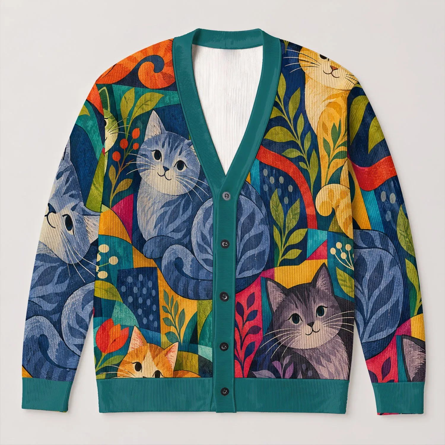 Colorful Patchwork Cats for Cozy Everyday Layering and Whimsical Cat Lover Style All-over Print Knitted Cardigan - 1
