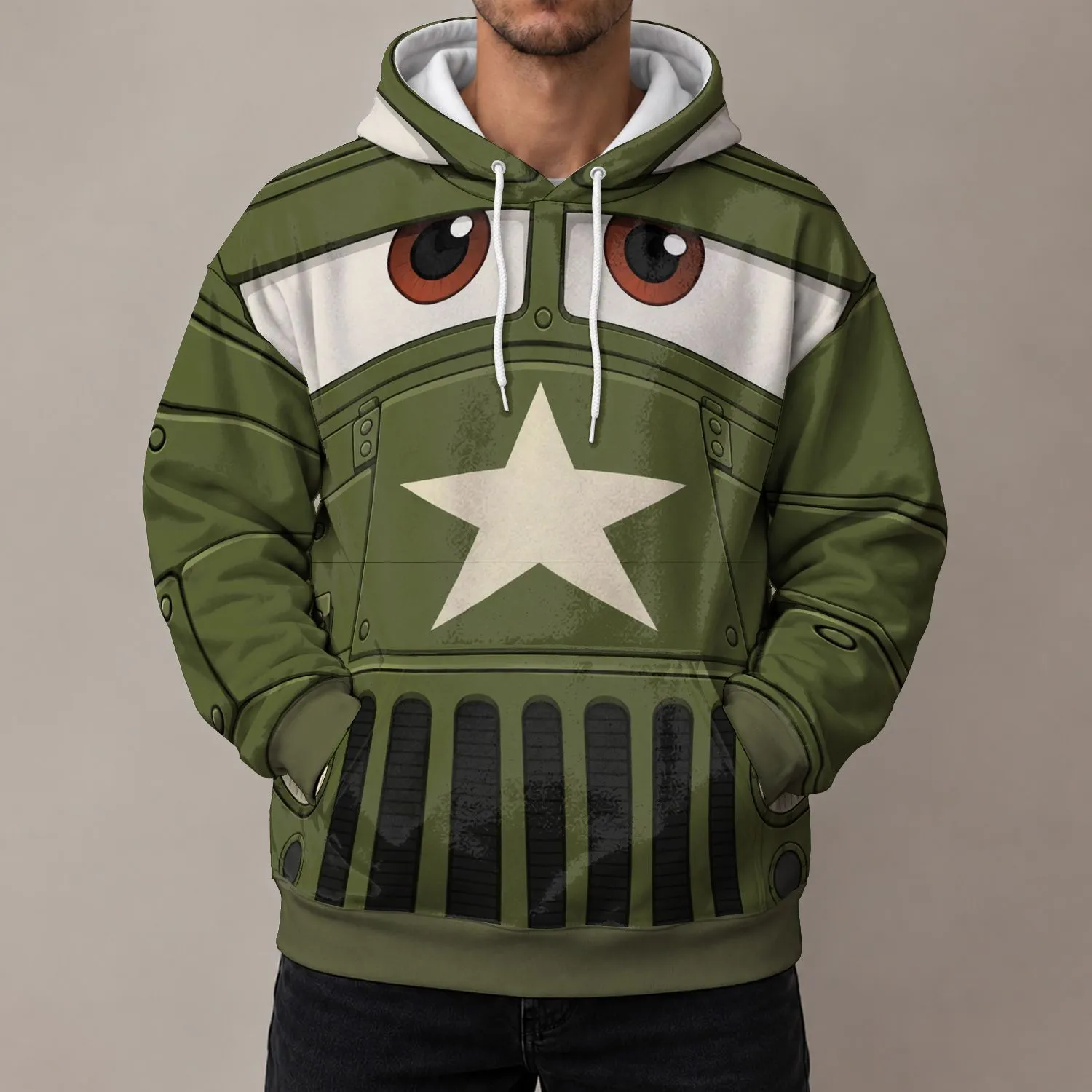 Olive Military Jeep Face for Car Fans, Road Trips, and Casual Everyday Adventures All-over Print Hoodie (Lightweight) - 1