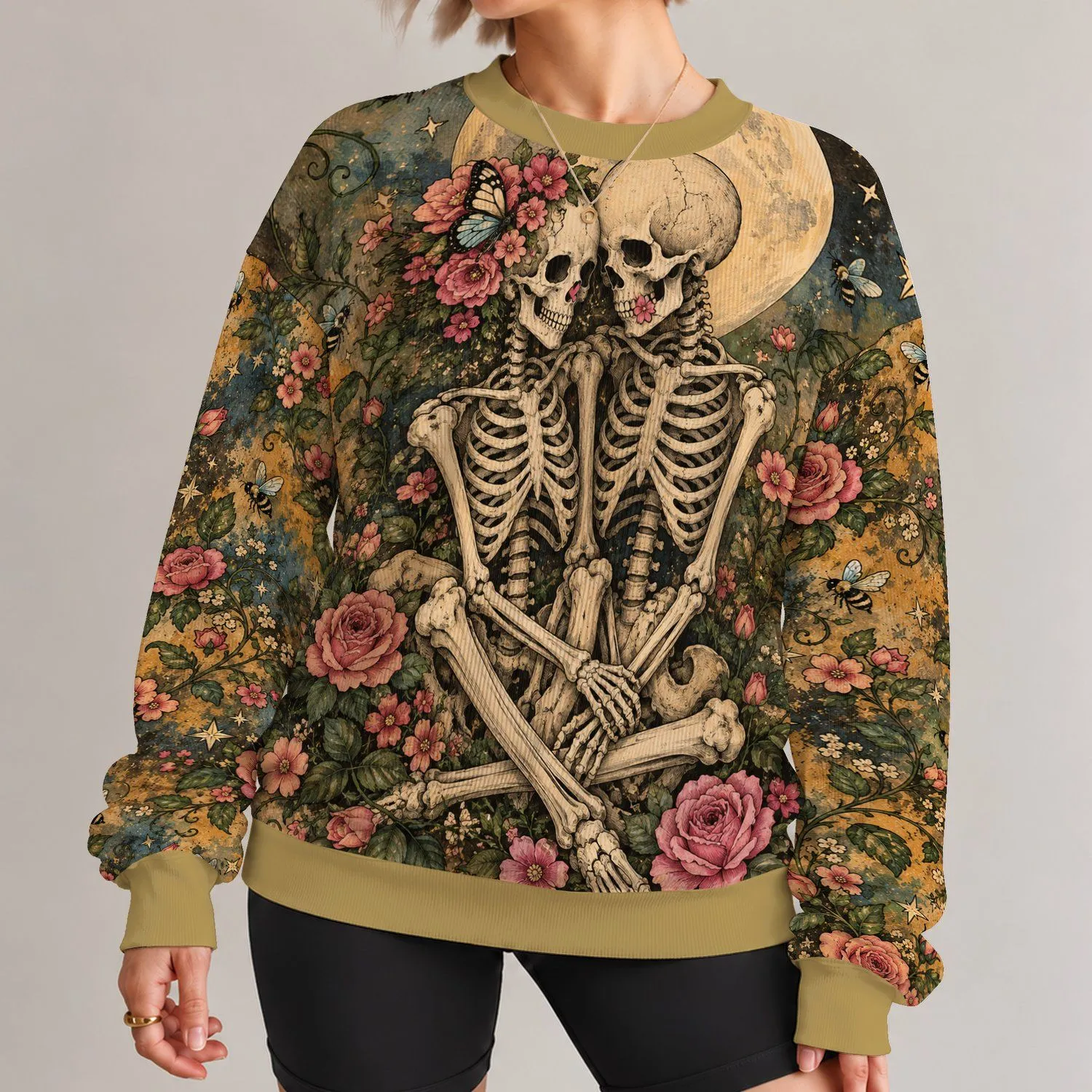 Romantic Skeleton Couple With Moon And Flowers For Day Of The Dead Celebrations All-over Print Knitted Sweater - 1