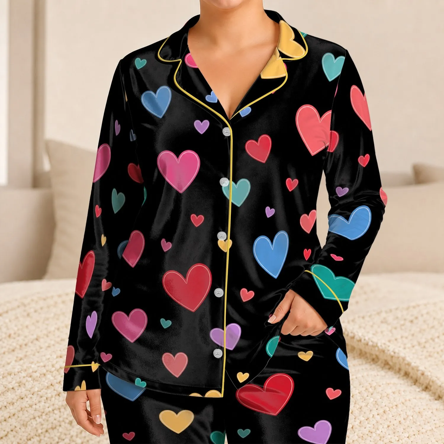 Colorful Heart Motif On Black For Cozy Valentine Nights And Gift Giving For Women Satin Pajamas Set - 1