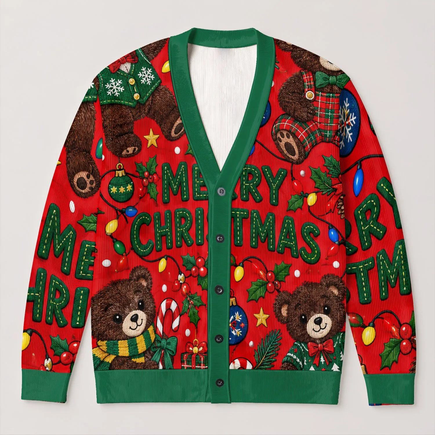Red Teddy Bear Christmas Lights and Merry Christmas Holiday Cheer for Festive Celebrations All-over Print Knitted Cardigan - 1
