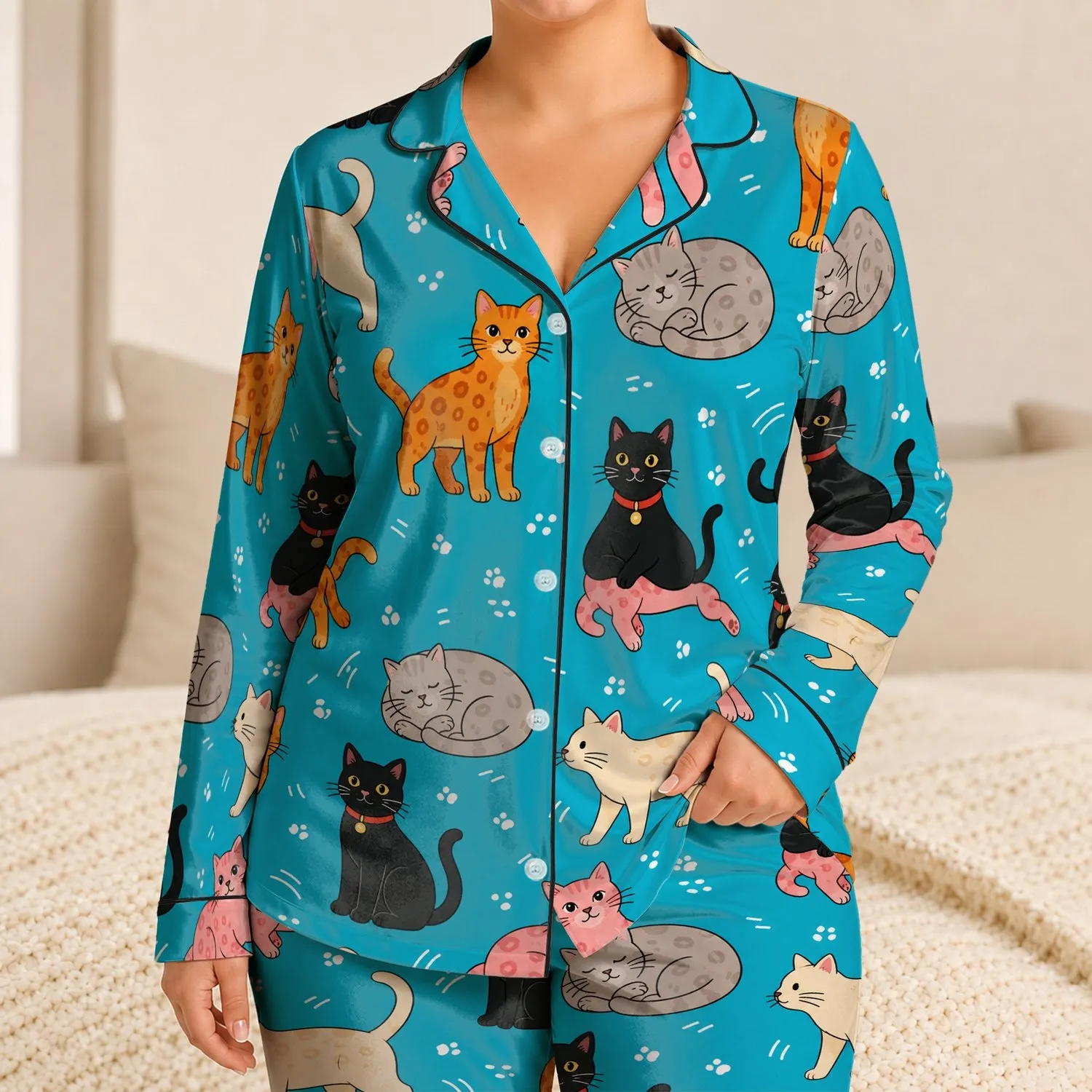Turquoise Cartoon Cat Parade Sleepwear for Cozy Nights and Lounging at Home for Women Satin Pajamas Set - 1