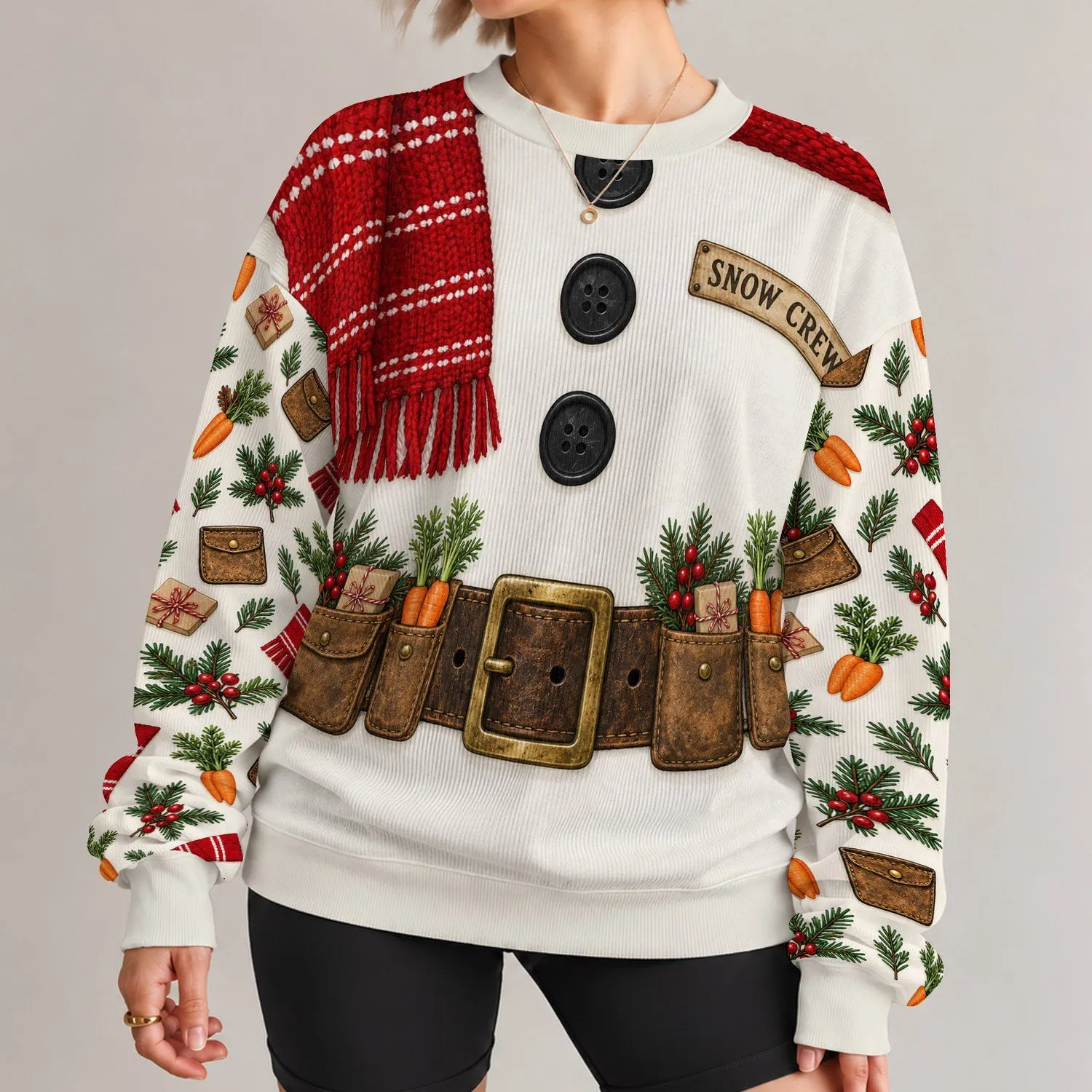 Snow Crew Belt And Scarf Holiday Look For Festive Family Christmas Gatherings All-over Print Knitted Sweater - 1