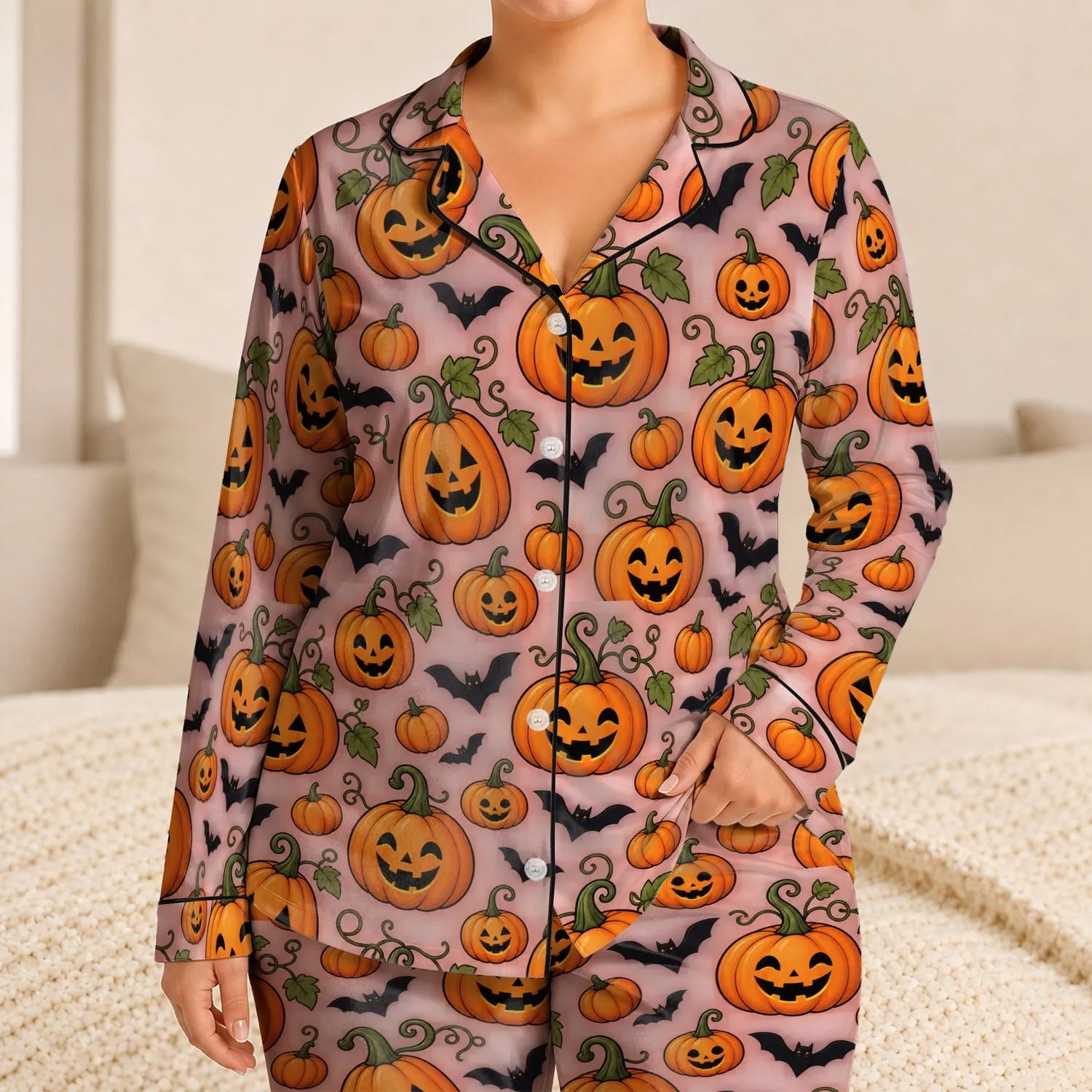 Blush Pink Pumpkin and Bat Halloween Lounge Looks for Plus Size Women Fall Evenings Satin Pajamas Set - 1