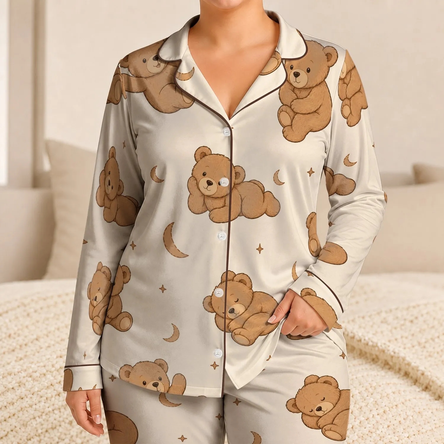 Vintage Teddy Bear Motif For Cozy Nights, Ivory Bear Gift For Women, Teens And Adults Satin Pajamas Set - 1