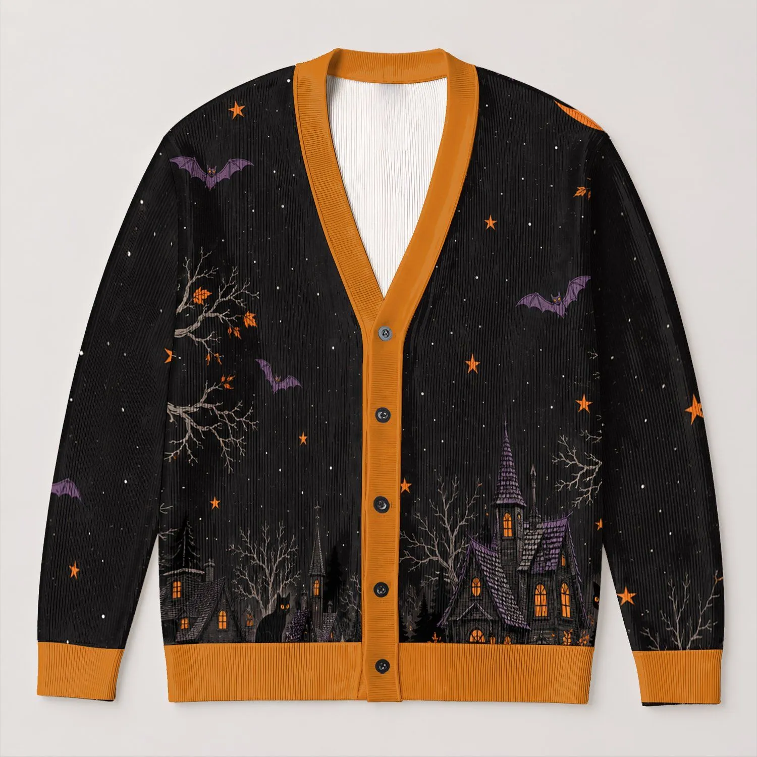 Black Cats, Bats and Pumpkins for Spooky Halloween Nights and Autumn Cat Lovers All-over Print Knitted Cardigan - 1