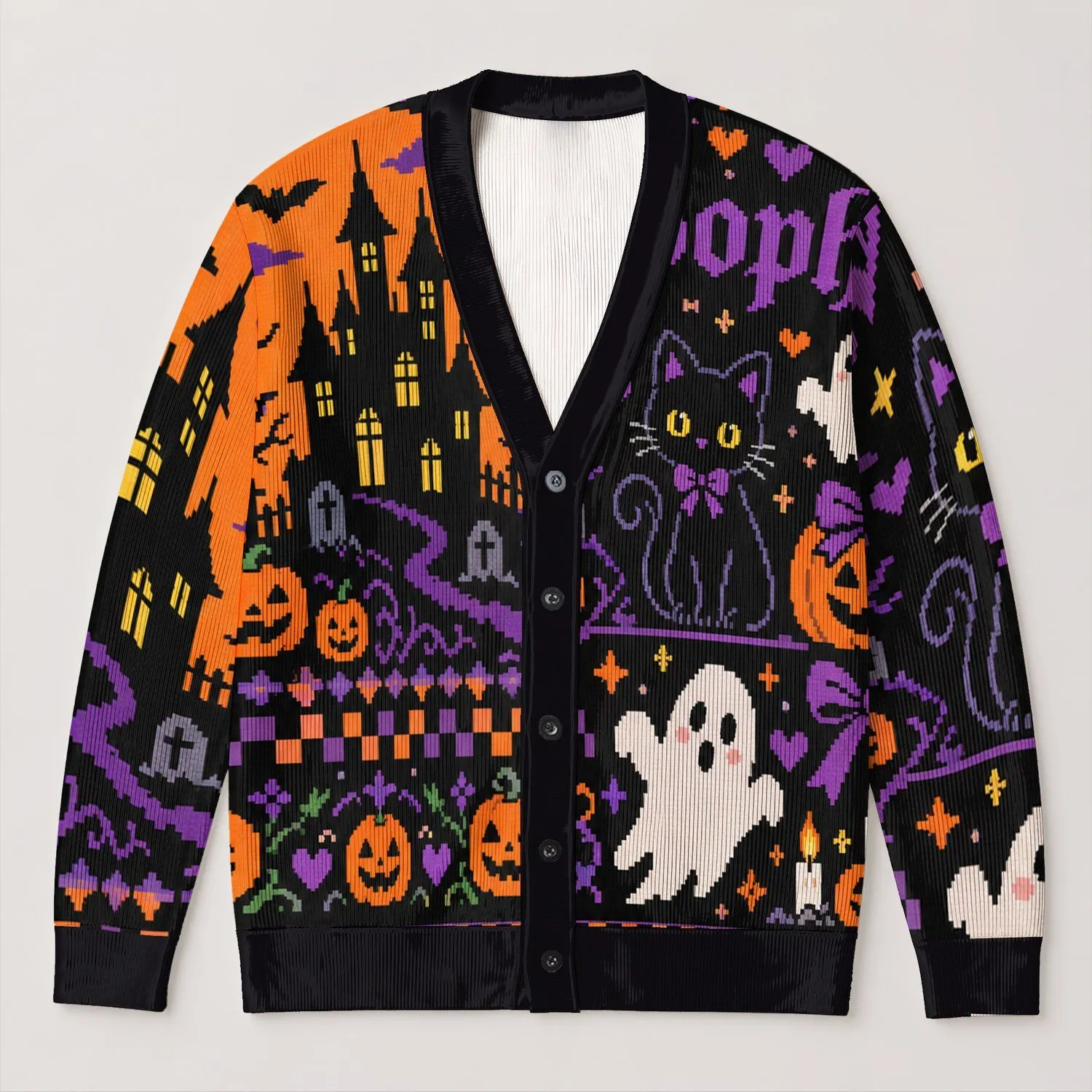 Spooky Pumpkin Ghost And Haunted House Halloween Fun For Fall Celebrations All-over Print Knitted Cardigan - 1