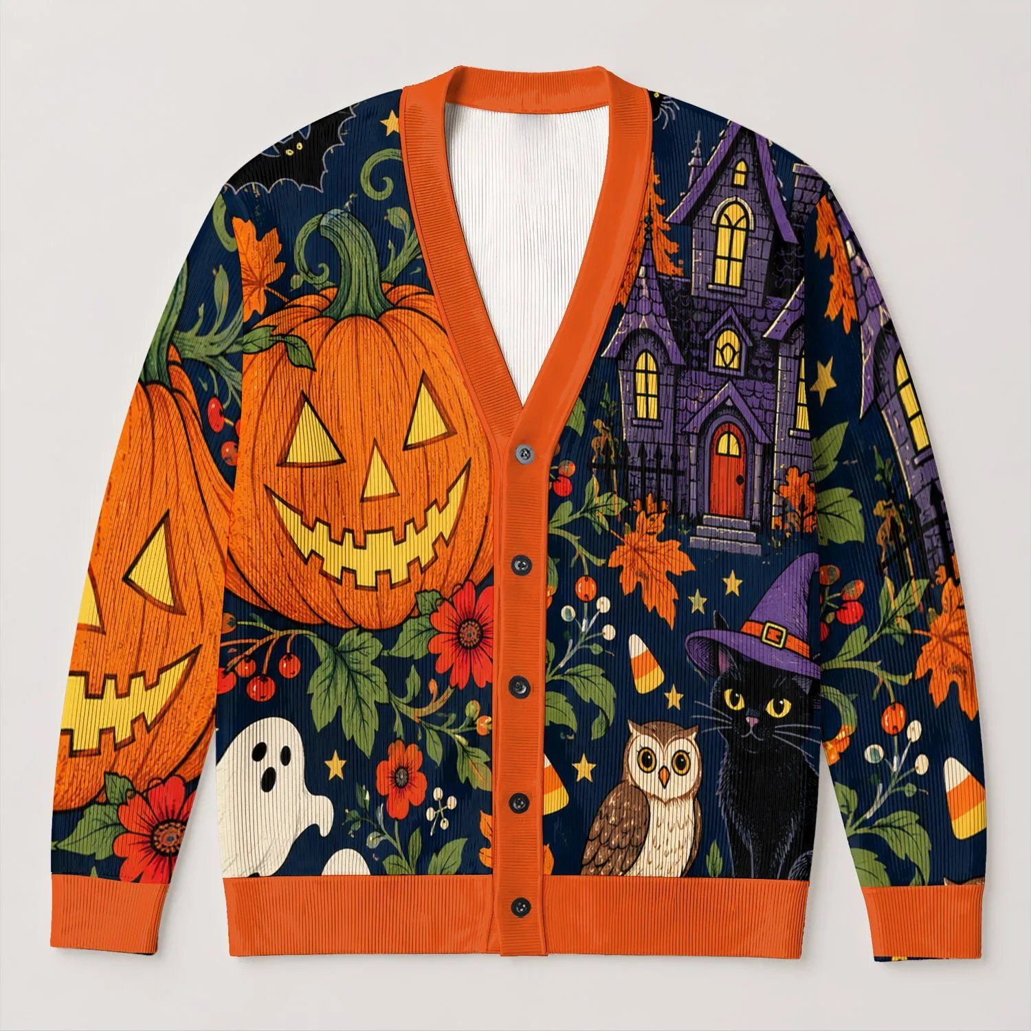 Halloween Black Cat Pumpkin and Haunted House for Spooky Autumn Fall Celebrations All-over Print Knitted Cardigan - 1