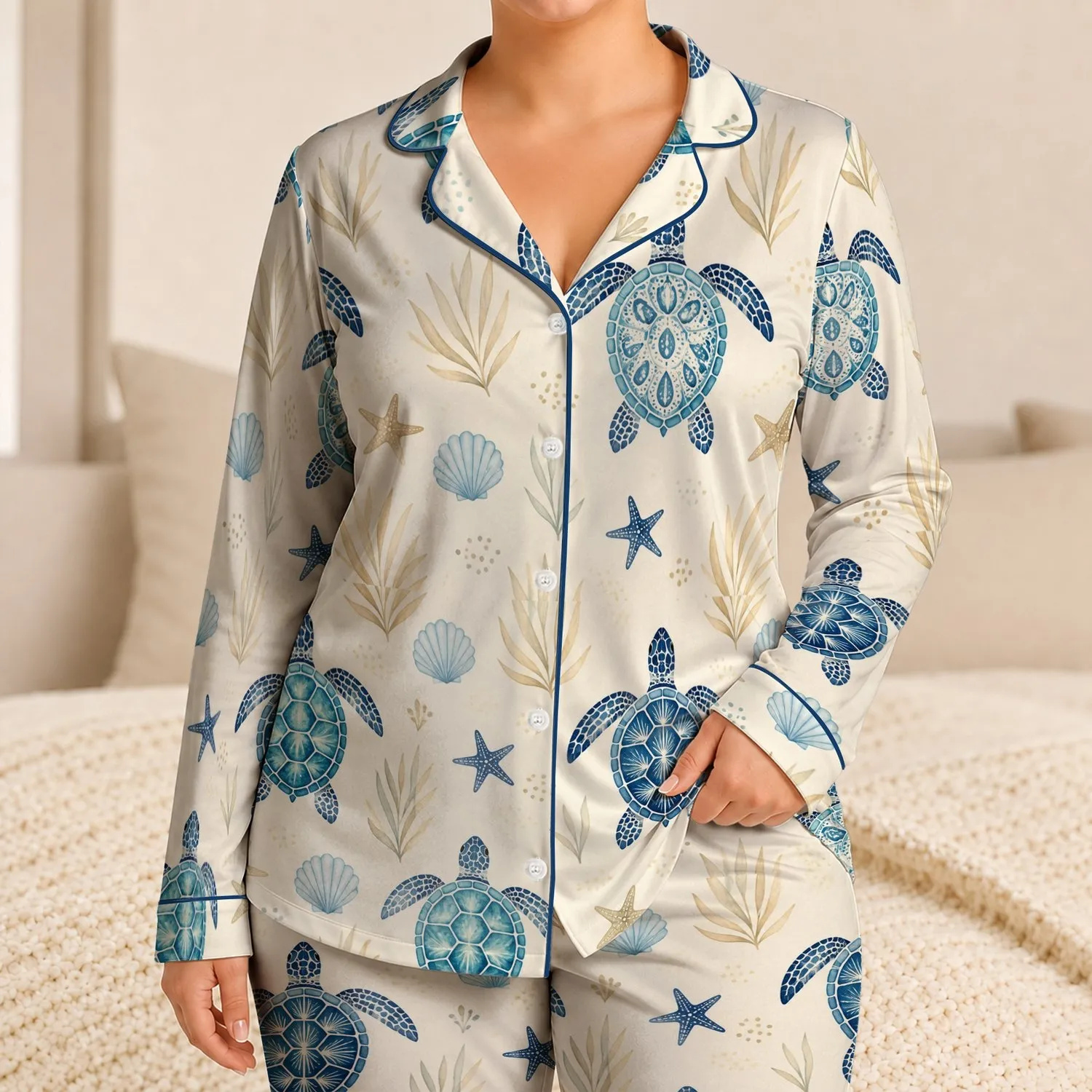 Sea Turtle Coastal Summer Evenings At Home, Plus Size Women, Ivory Resort Vibes Satin Pajamas Set - 1