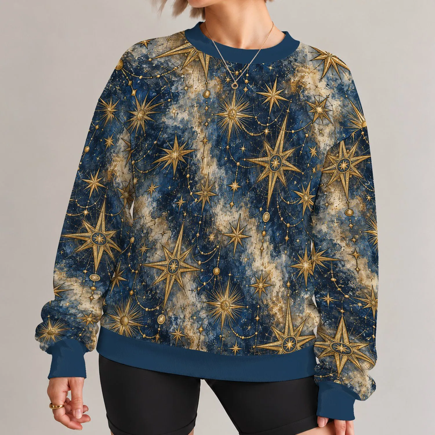 Celestial Gold Star Motifs for Everyday Bohemian Style and Relaxed Weekend Wear All-over Print Knitted Sweater - 1
