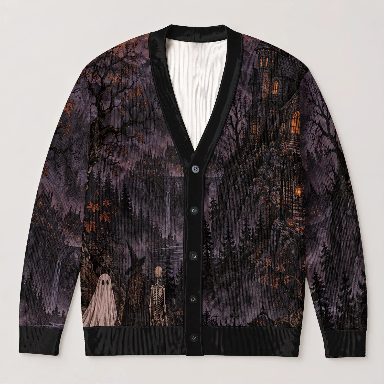 Haunted House Ghost Skeleton Pumpkin Halloween Scene for Spooky Autumn Nights Out All-over Print Knitted Cardigan - 1