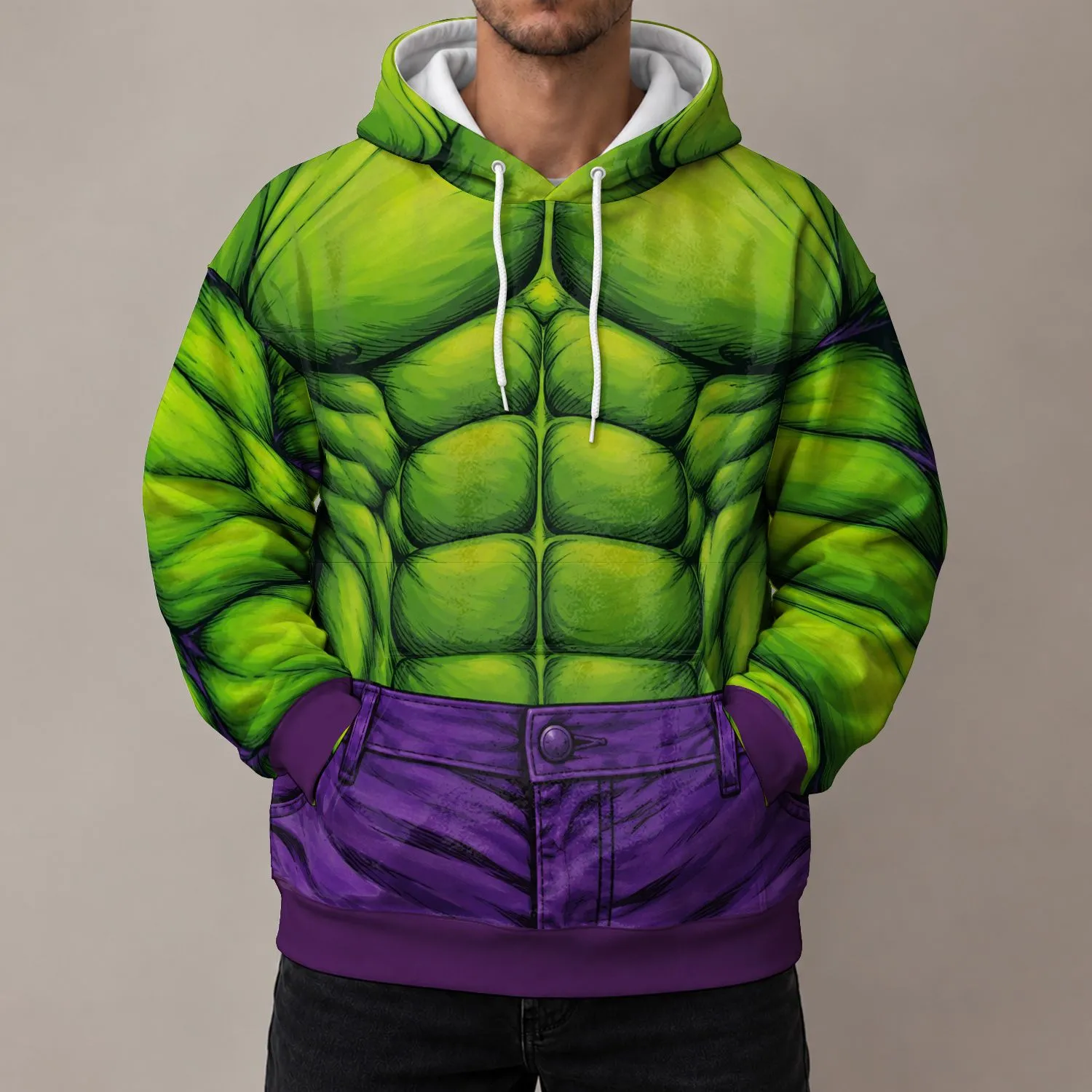 Green Muscular Hero Costume With Purple Trousers For Halloween Cosplay And Fan Events All-over Print Hoodie (Lightweight) - 1