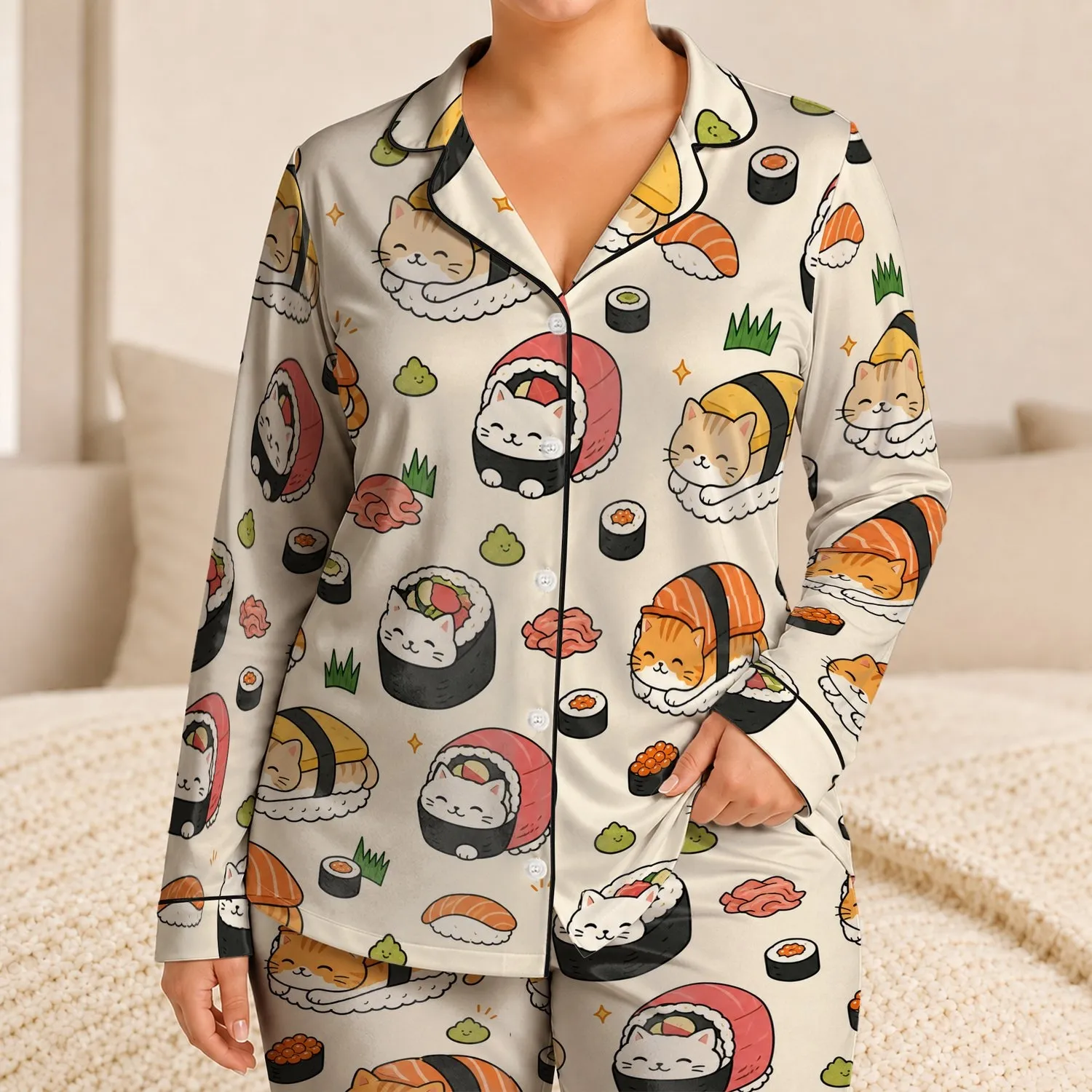 Cute Sushi Cat Sleep Set for Cozy Nights, Lounging, and Gift Giving for Women At Home Satin Pajamas Set - 1